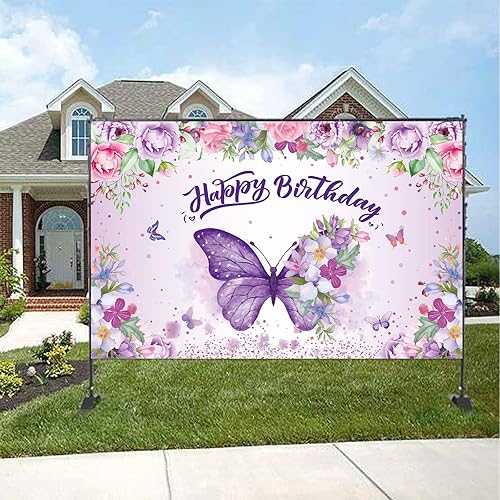Miniatura 4 de Telón de fondo de mariposa de feliz cumpleaños para niñas y mujeres, decoración de fiesta de cumpleaños, mariposa morada, letrero de cumpleaños,