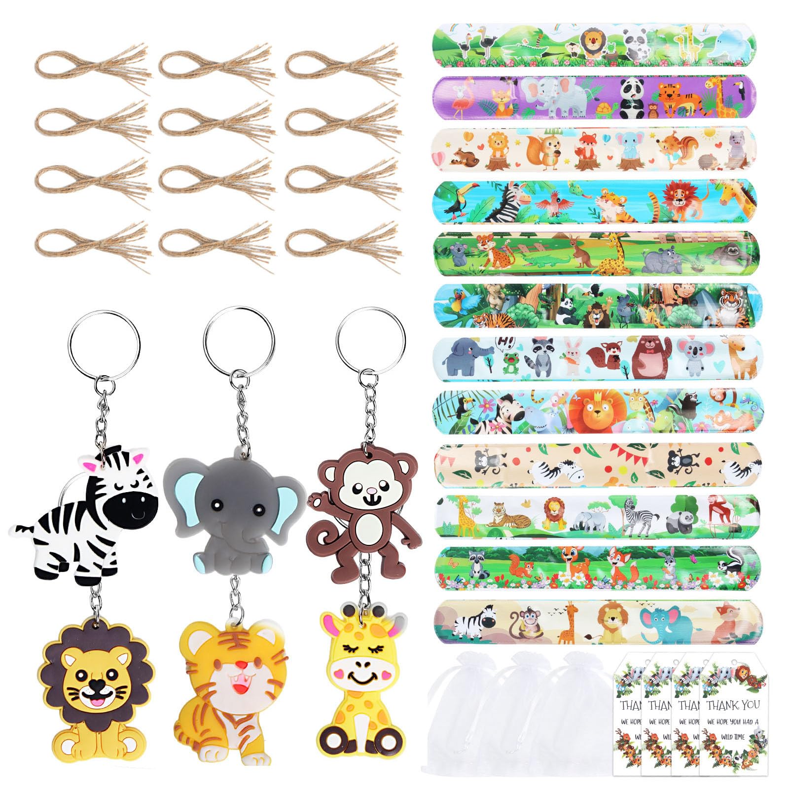 Kalttoy Multicolor 24Pcs Jungle Animal Keychains Wristband With Bags And Card Party Treat For Birthday Decorations And Goodie Bag Fillers Birthday Decorations