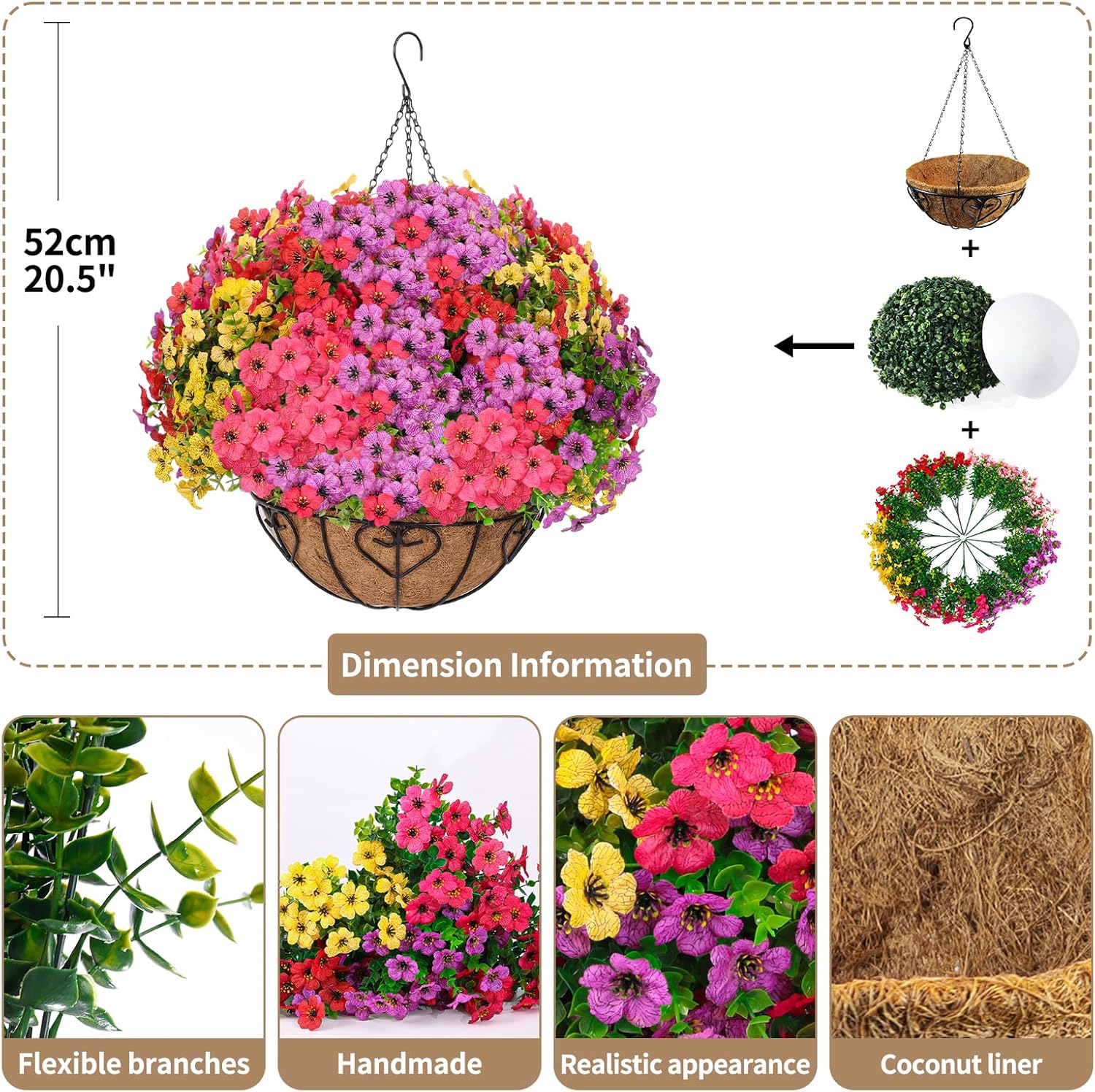 Artificial Hanging Flower for Outdoors, Fake Hanging Basket for Outside,1 Hanging Basket with 13 Pcs Faux Silk Flowers for Porch, Balcony and Patio Decor(Mixed)