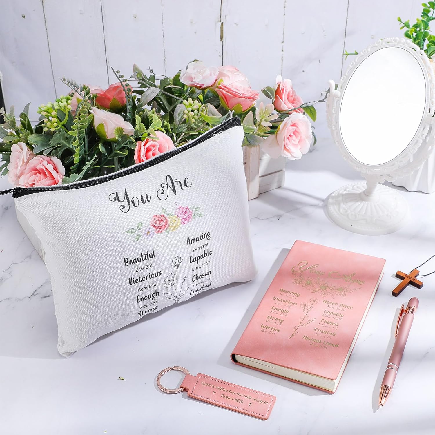 Kosiz 4 Pcs Christmas Employee Appreciation Gift for Women Christian Gifts, Religious Scripture Makeup Bags Bible Verses Keychain Faux Leather Journal Notebook and Ballpoint Pen Encourage Gifts - Image 5