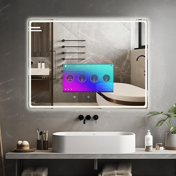 32×24 Inch Smart Vanity Bathroom Mirror with 15.6 Waterproof Touchscreen TV, Android OS, WiFi/Bluetooth/HDMI, Anti-Fog, 3-Color LED Lights for Bathroom,Bedroom,Hotel&Spa Wall Mounted
