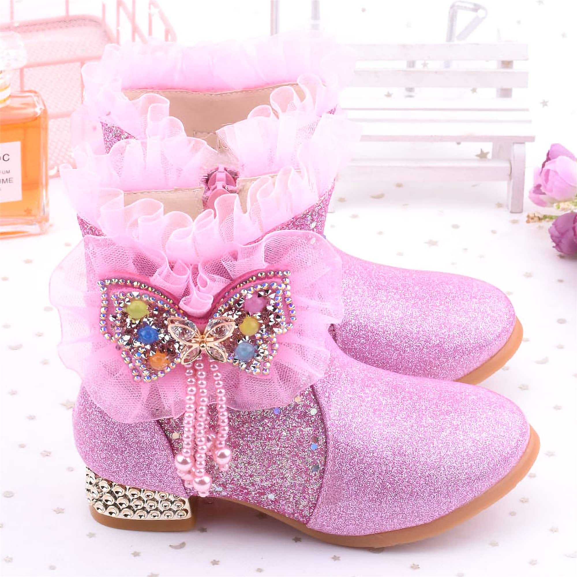 New front Scarponcini Bambina Stivali Bambina Invernali Bambina e Ragazze Carino Stivali da Neve con Tacco Stivali da Principessa Eleganti Blu Rosa Taglie 27-38