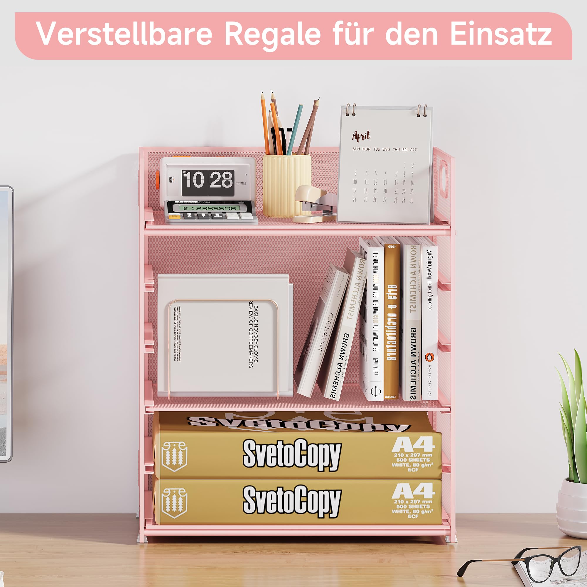 VITVITI Schreibtisch Organizer, 6 Ebenen Briefablage, Stapelbare Aktenhalter, Ablagefächer mit Griff, Bürobedarf für A4 Dokumentenablag, Papier, Buch, Magazin (Rosa)