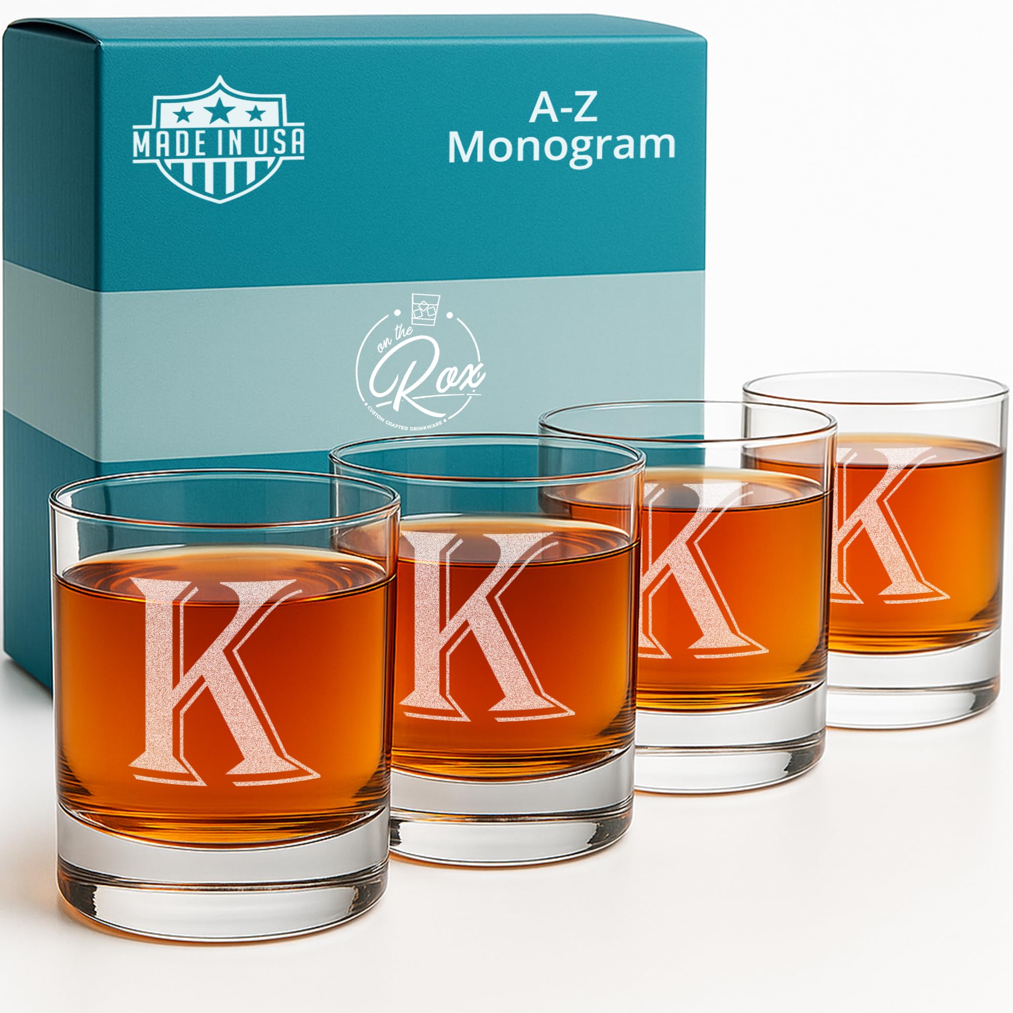 On The Rox (K-Monogram)- 4 Piece Set of 11 Ounce Engraved Heavy Base Rocks Whiskey Glasses Elegant Glass-Bourbon Multi-Purpose Beverage-Rocks Glass-