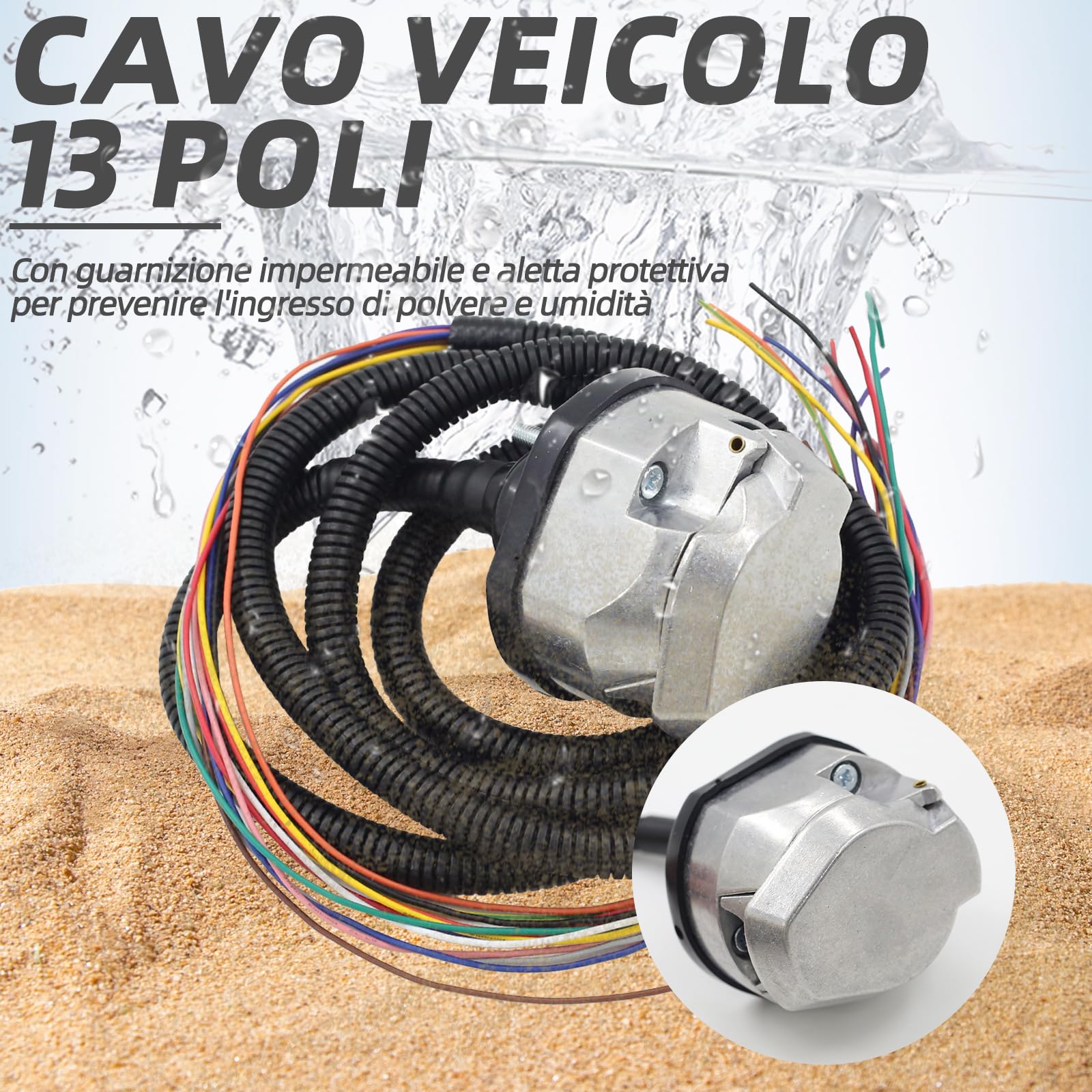 Connettore per rimorchio a 13 poli con cavo da 2 m, adattatore per rimorchio e cavo di prolunga, presa per rimorchio con copertura in metallo, impermeabile, adatto per roulotte, camper, camion