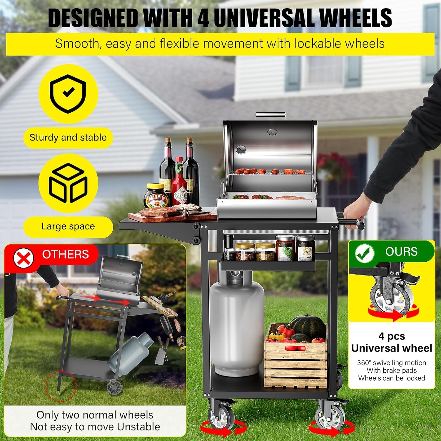 VELPAX Carrello Barbecue, Carrello di Servizio con Pannello Laterale Pieghevole, 87 x 62 x 89 cm Tavolo da Barbecue con Ripiani Regolabili, Ruote, Maniglia per Casa Cortile Patio e Giardino