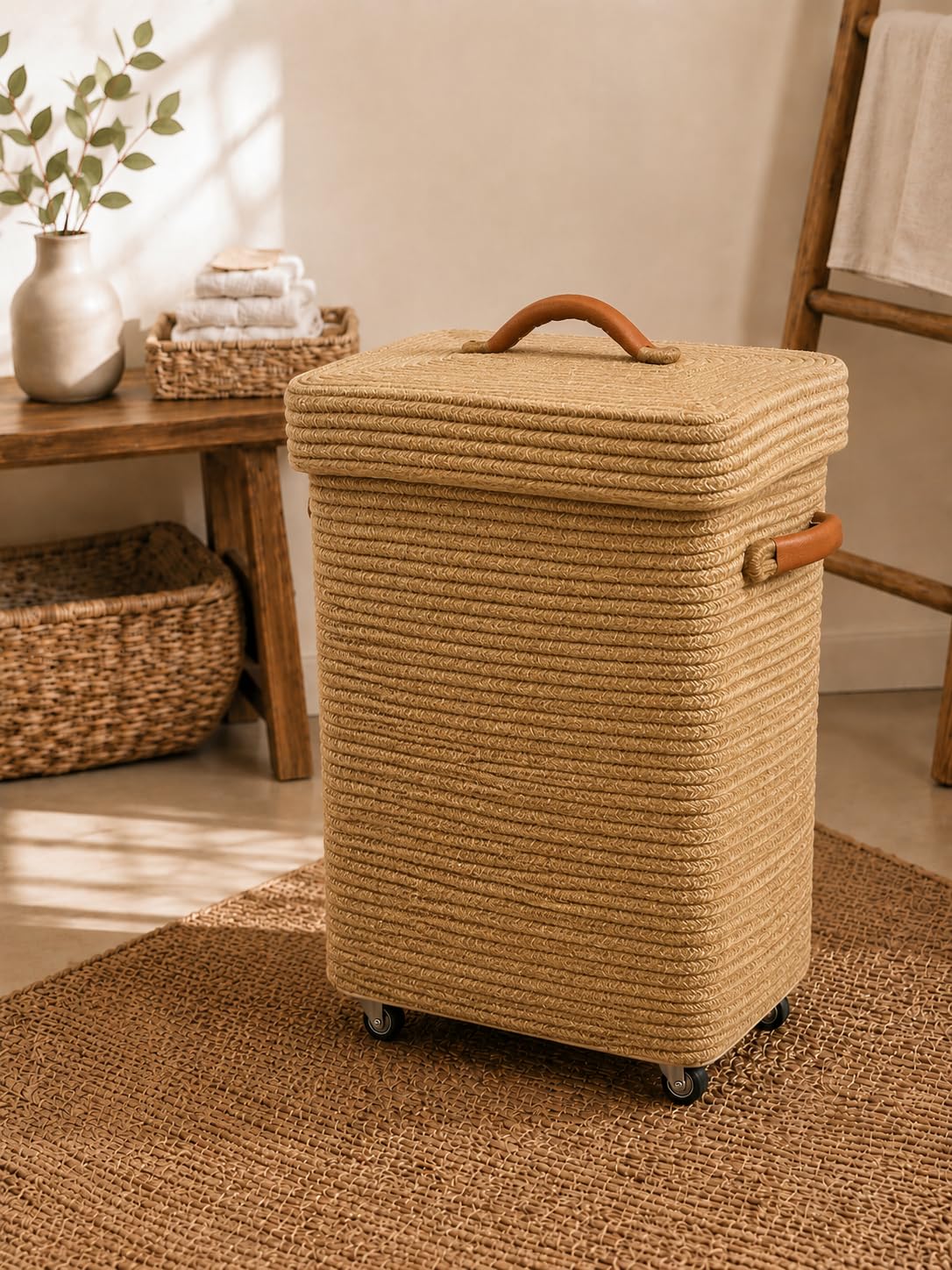 Laundry Basket with Wheels and Lid, Beige, 45 Liter, Rectangular-image-49