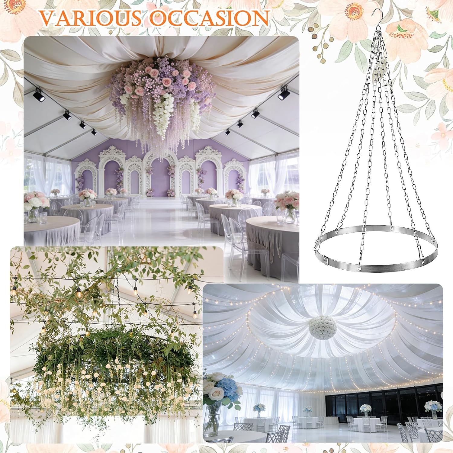 12in × 12in Ceiling Drapes Hanging Kit for 6 Panels Ceiling Drapes Silver Metal Ceiling Hanging Hook for Draping Fabric Ring Hardware Kit for Prom Party Wedding Ceremony Studio Decorations