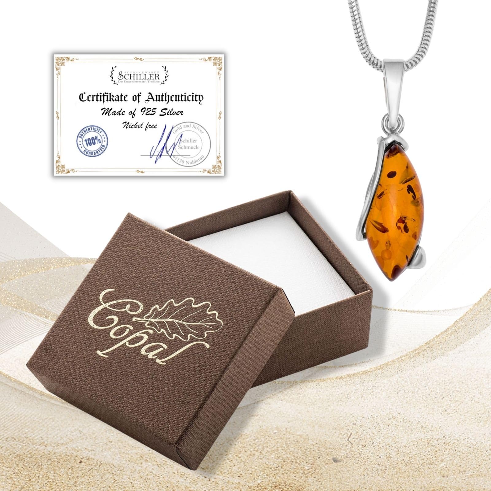 Copal Collana Con Pendente In Ambra A Goccia Il Lunghezza Regolabile Argento