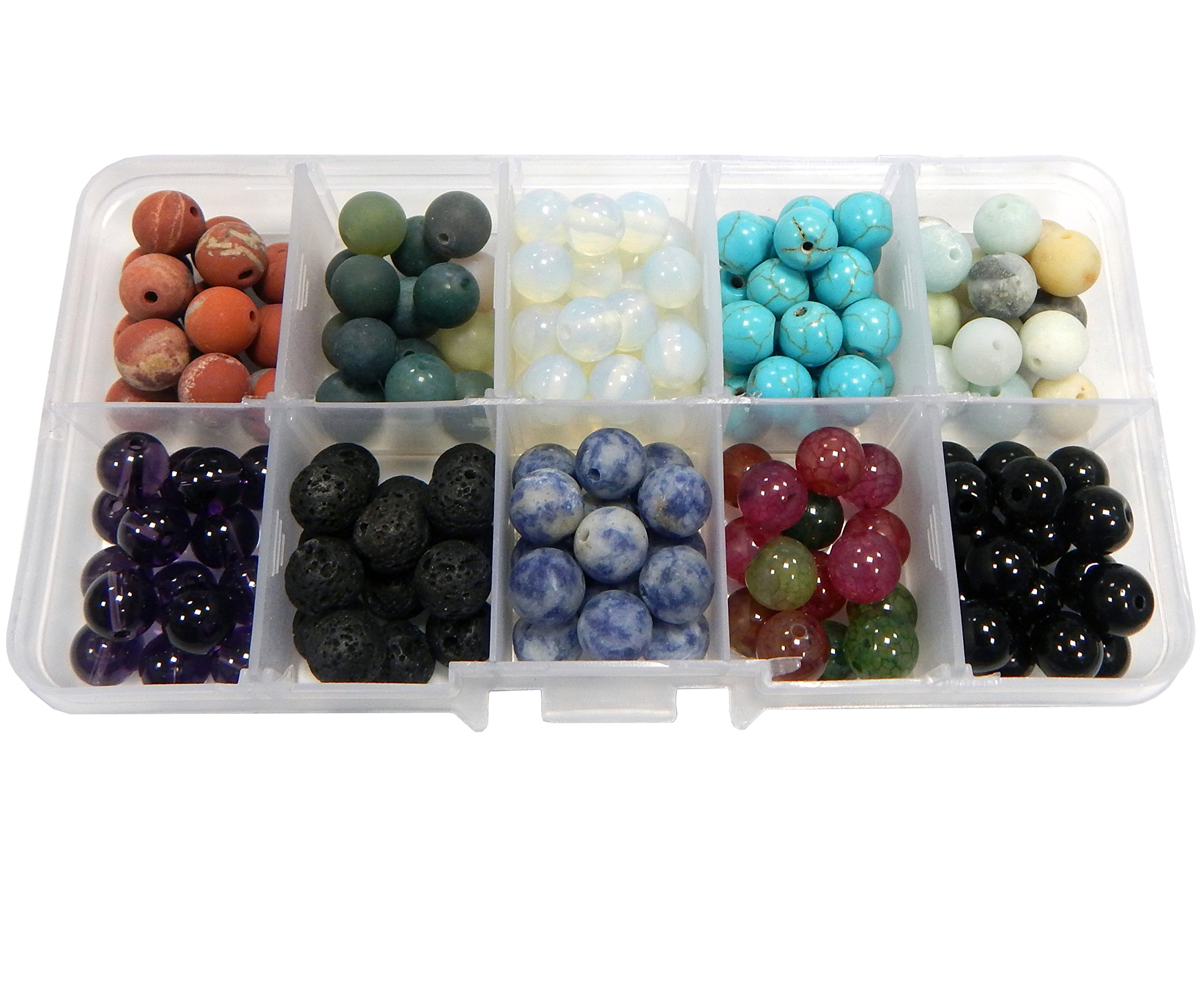 Perlin 150stk. Edelsteine Halbedelstein Perlen 8mm Bastel-Set 10 Farben Amethyst, Mondstein, Lava stein, Jaspis, Onyx Schwarze, Tourmaline, Sodalith, Amazonite, Türkis, Indische Achat mit Sortierbox