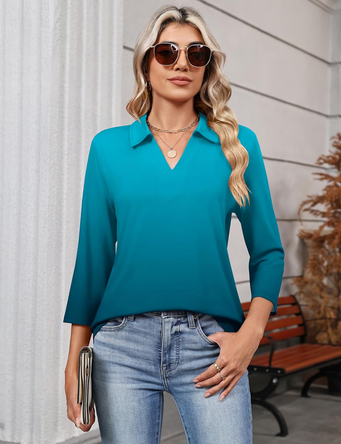 LOMON 3/4 Length Sleeve Womens Tops 2026 Spring Summer Collared Polo Shirts V Neck Casual Basic Polos Tees Shirt - Image 4