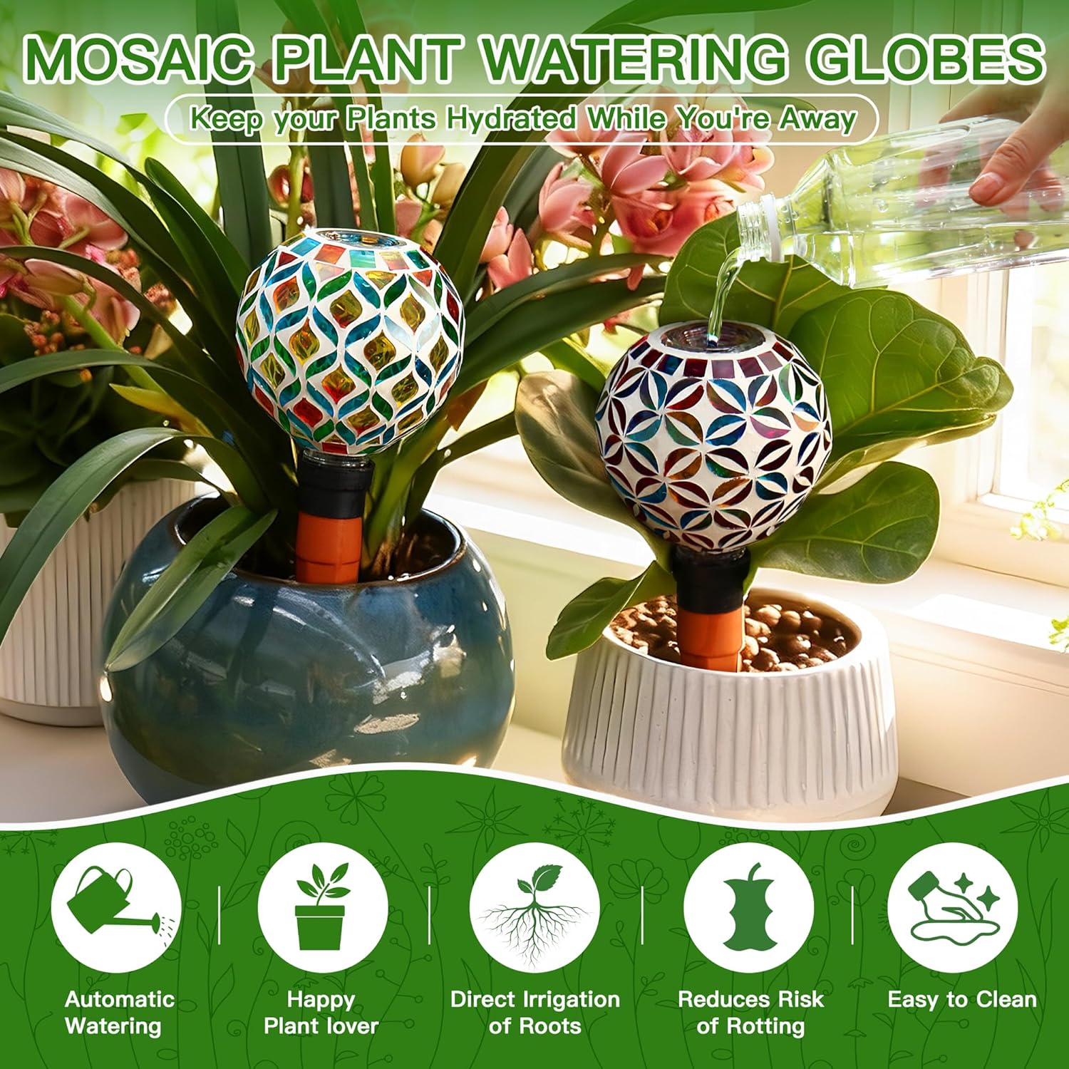 VOREEN Mosaic Plant Watering Globes with Terracotta Spikes, Decorative Glass Watering Globes for Potted Plants, Garden Accent & Thoughtful Gift, Set of 2