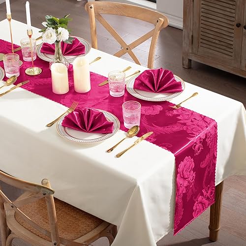 Miniatura 7 de Paquete de 2 caminos de mesa de satén color rosa intenso de 12 x 108 pulgadas, camino de mesa rectangular de seda jacquard para boda, banquete,