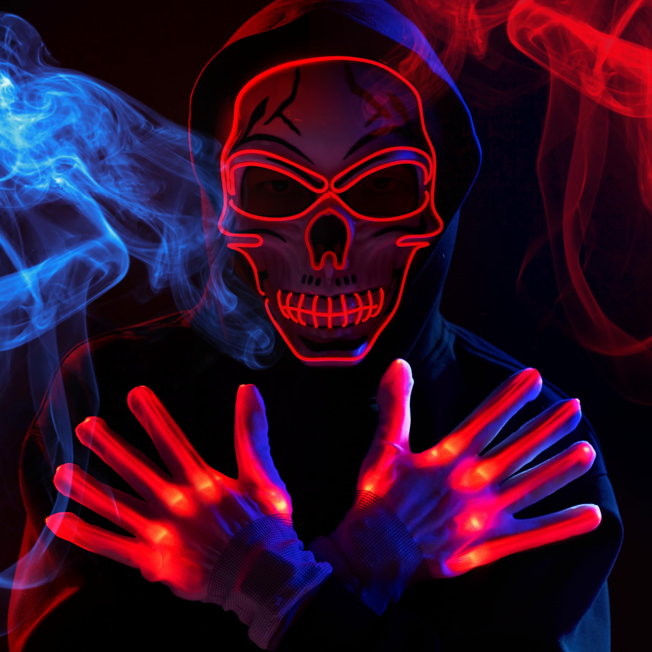 Spooktacular Creations Halloween LED Skull Mask with Light Up Gloves Red Scary Glow Up Skull and Glow in