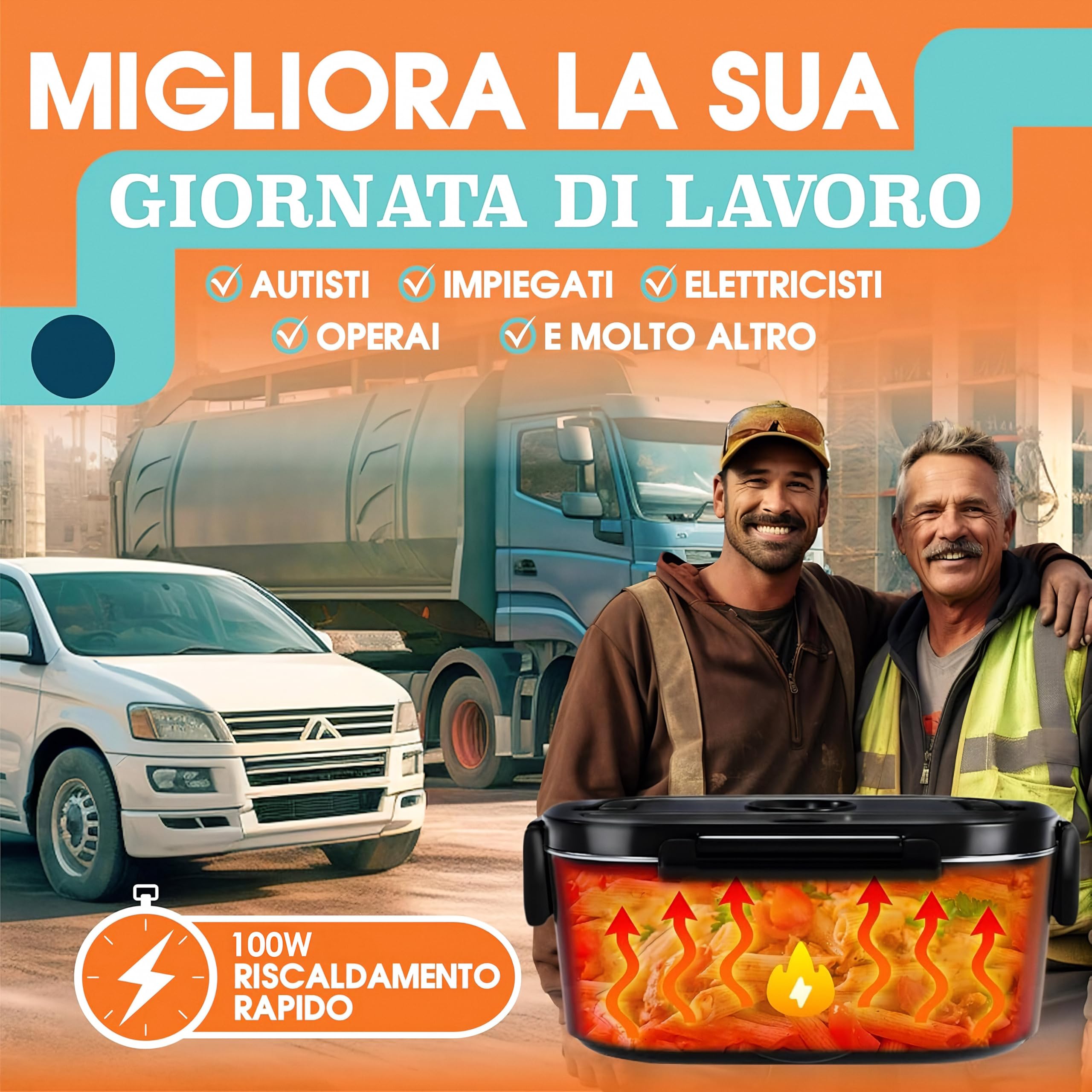 TRAVELISIMO Scaldavivande Elettrico Portatile 100W 1,5L Porta Pranzo Termico 220V/12V/24V Schiscetta Pranzo Riscaldabile per Viaggio e Lavoro Portavivande Termico & Porta Pranzo Riscaldabile
