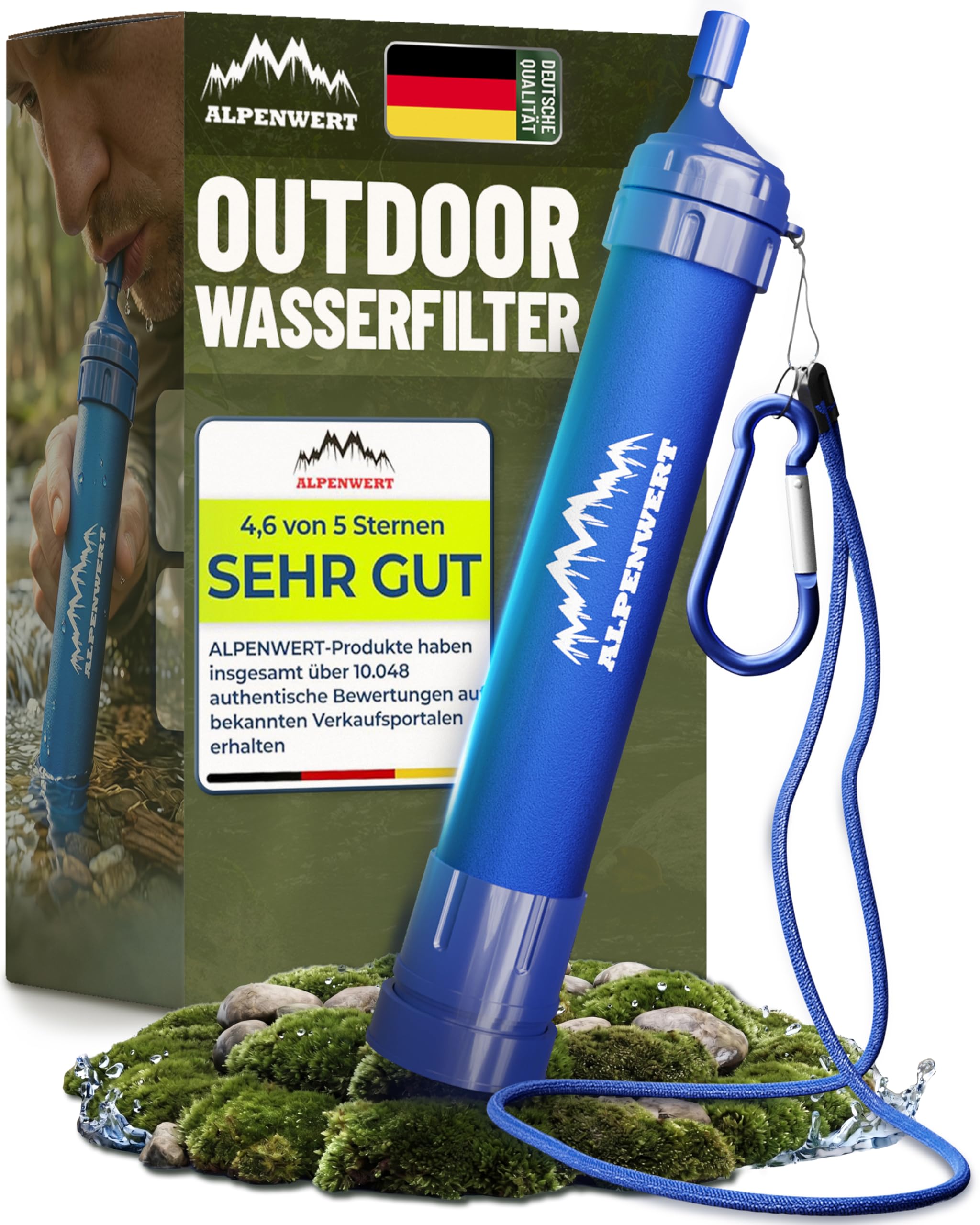 ALPENWERT Wasserfilter Outdoor - Trinkwasserfilter für 4000 Liter gefiltertes Wasser - Trinkwasseraufbereitung die 99,99% aller Keime und Bakterien abtötet