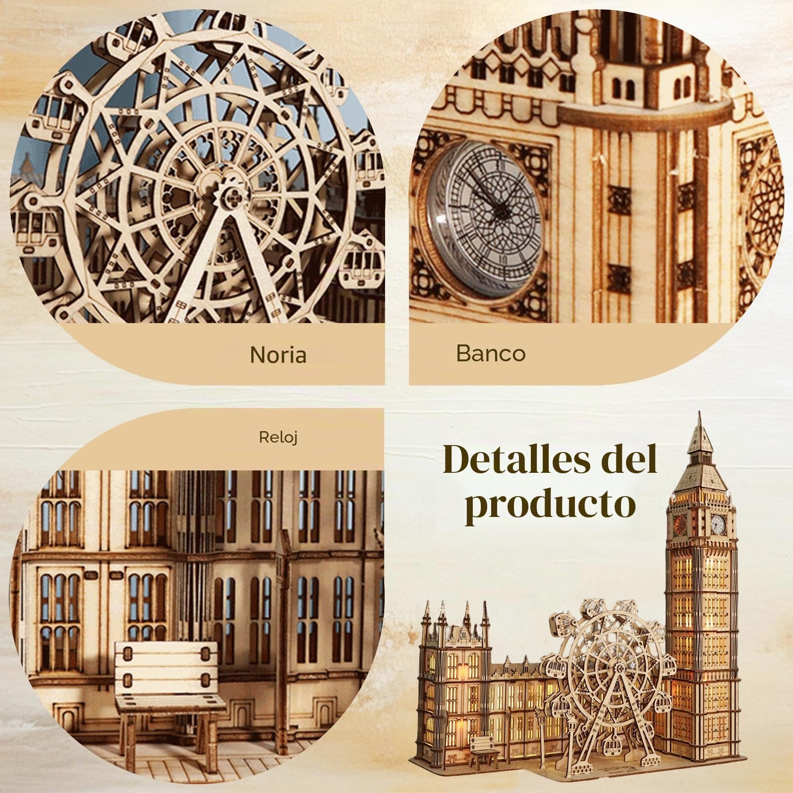 Puzzle 3D de Madera del Big Ben con Reloj Funcional - Maqueta de 306 Piezas para Adultos - Sin Pegamento DIY con Noria Móvil - Decoración para Oficina y Salón - Regalo Original para Hombres y Mujeres