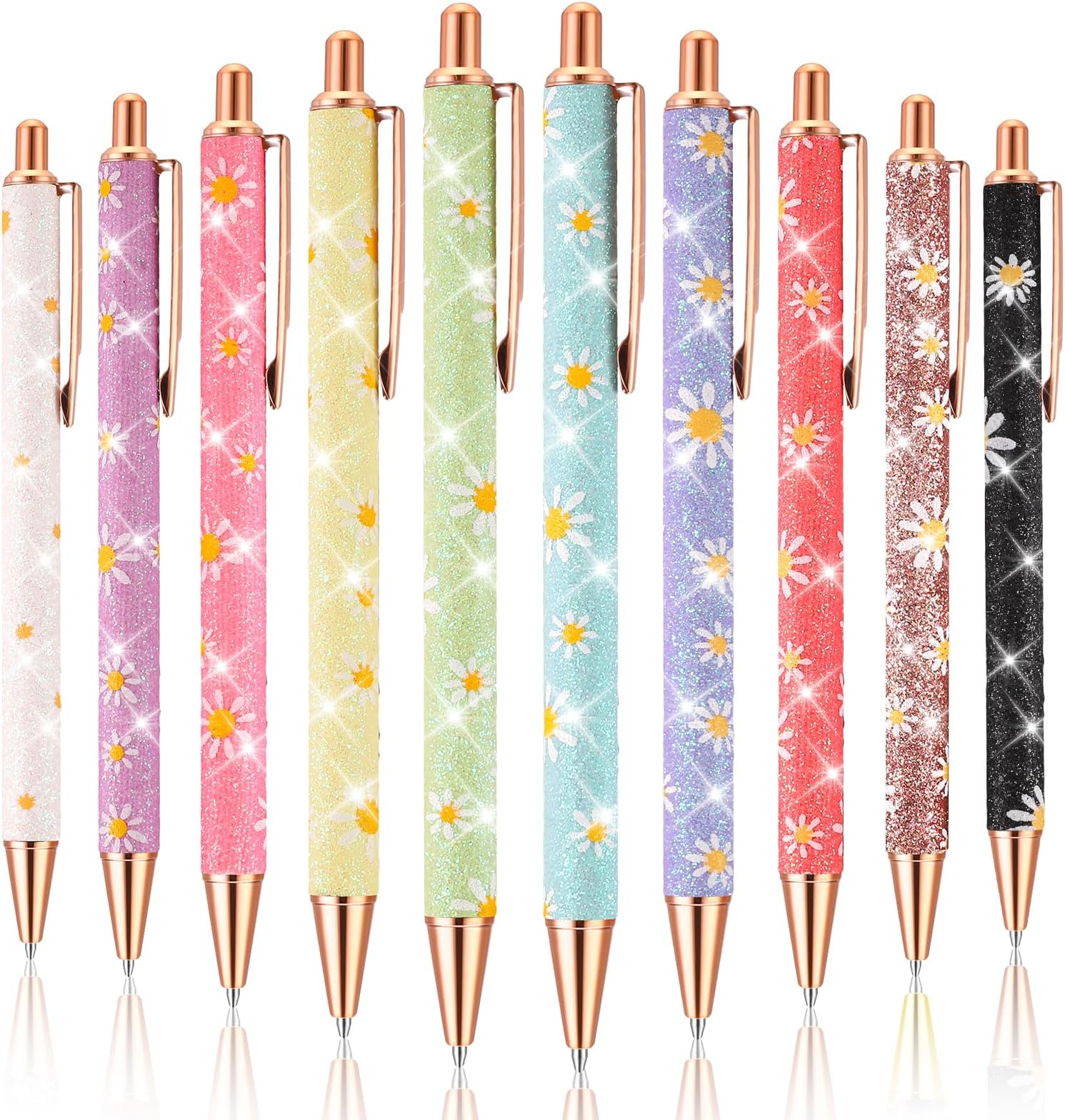 FRIUSATE 10Pcs Bling Metal Pens,Bling Glitter Metal Ballpoint Pens 1.0mm Ballpoint Pens Black Ink Click Retractable Ball Point Pens for Men,Women,School,Office,Home, Drawing(Daisy Print)