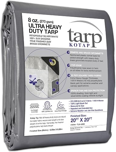 Kotap tuh-2020 tamaño Ultra Heavy-duty 8 oz/16-mil Poly Tarp, 20 'x 20', reversi