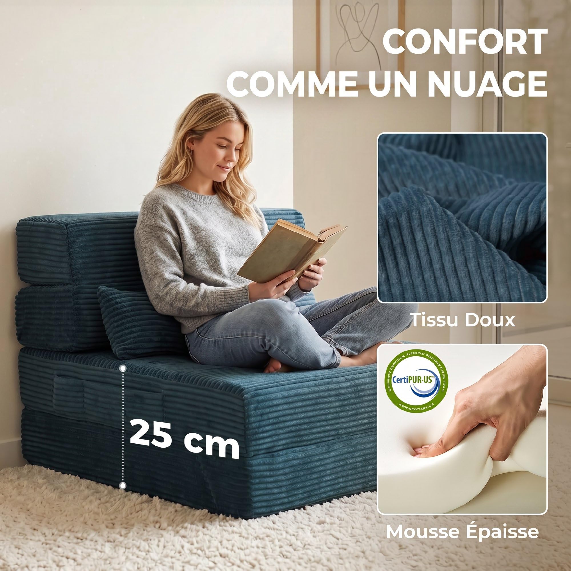 HOMCOM Canapé-Lit Pliant 3 en 1 Chauffeuse 1 Place Convertible Bleu