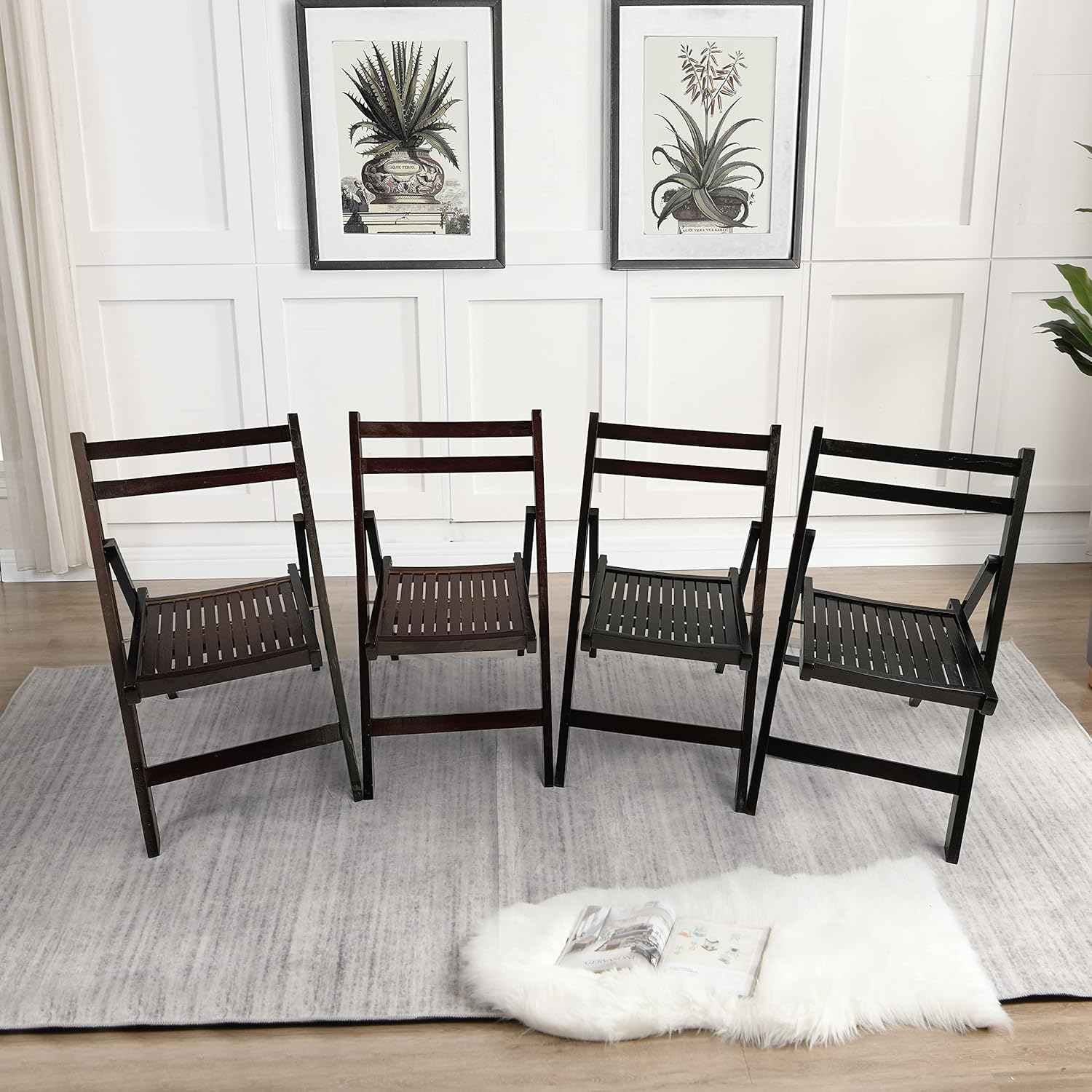 HomVent Set of 4 Slatted Wood Folding Chair, Fully Assembled Folding Chair Set Folding Event Chairs Wedding Chair Wooden Slatted Seat for Dining Room Kitchen Balcony Wedding Occasion Events (Black)