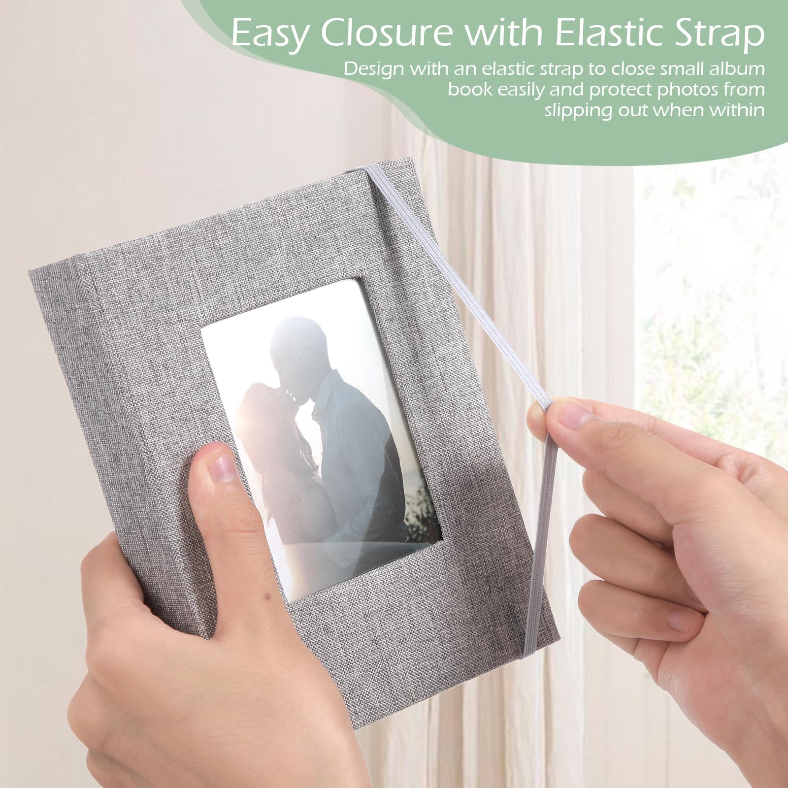 Yeaqee Fotoalbum, 10 x 15 cm, kleines Fotoalbum, Leineneinband, Erinnerungsbuch mit Frontfenster, 26 transparente Seiten, für 52 Bilder, für Hochzeitstag, Familie, Baby (Schwarz, Grau, Beige)