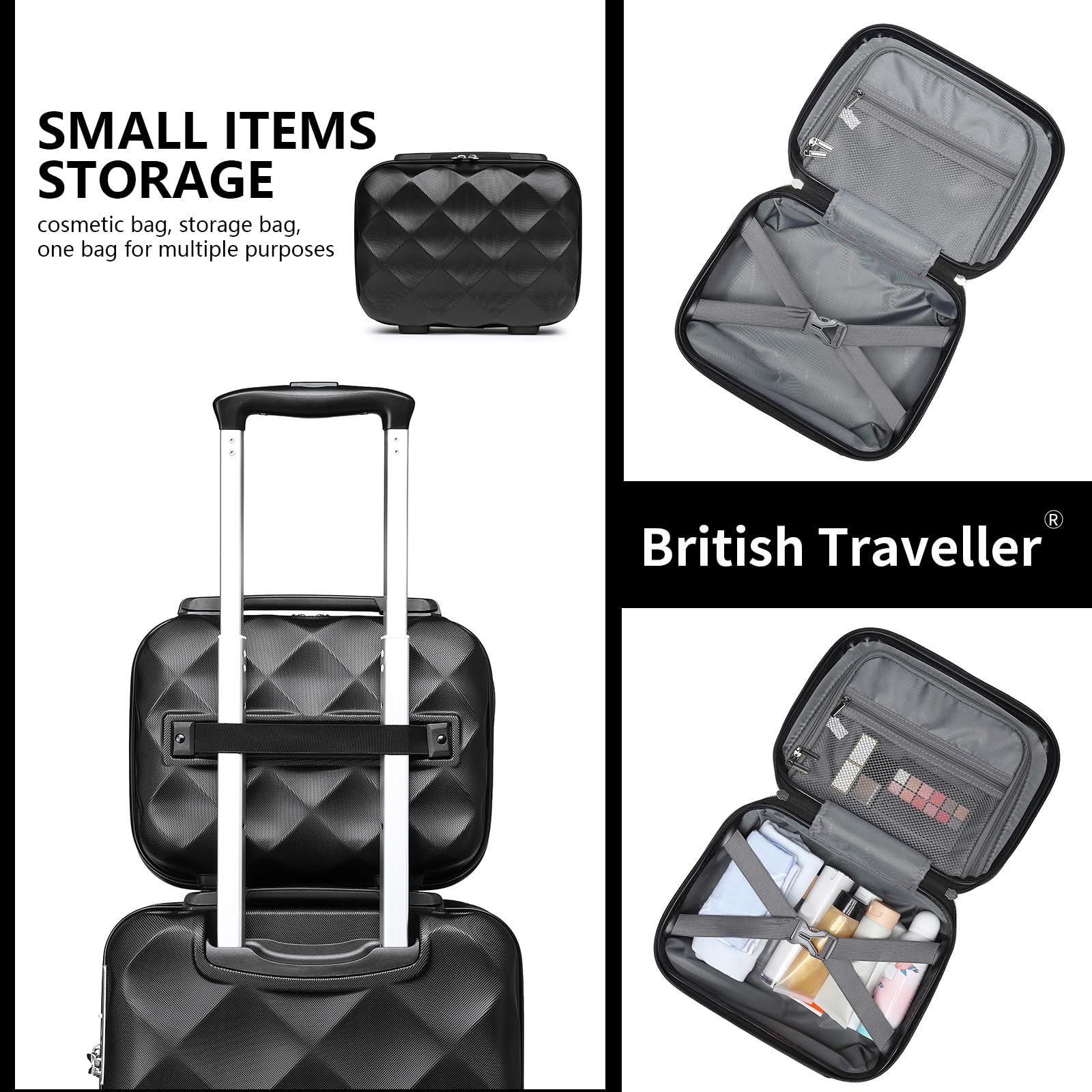 British Traveller Beauty Case 31x25x17,2cm Valigia Trolley Rigida Leggero Borsa da Toilette (13pollici, Nero)
