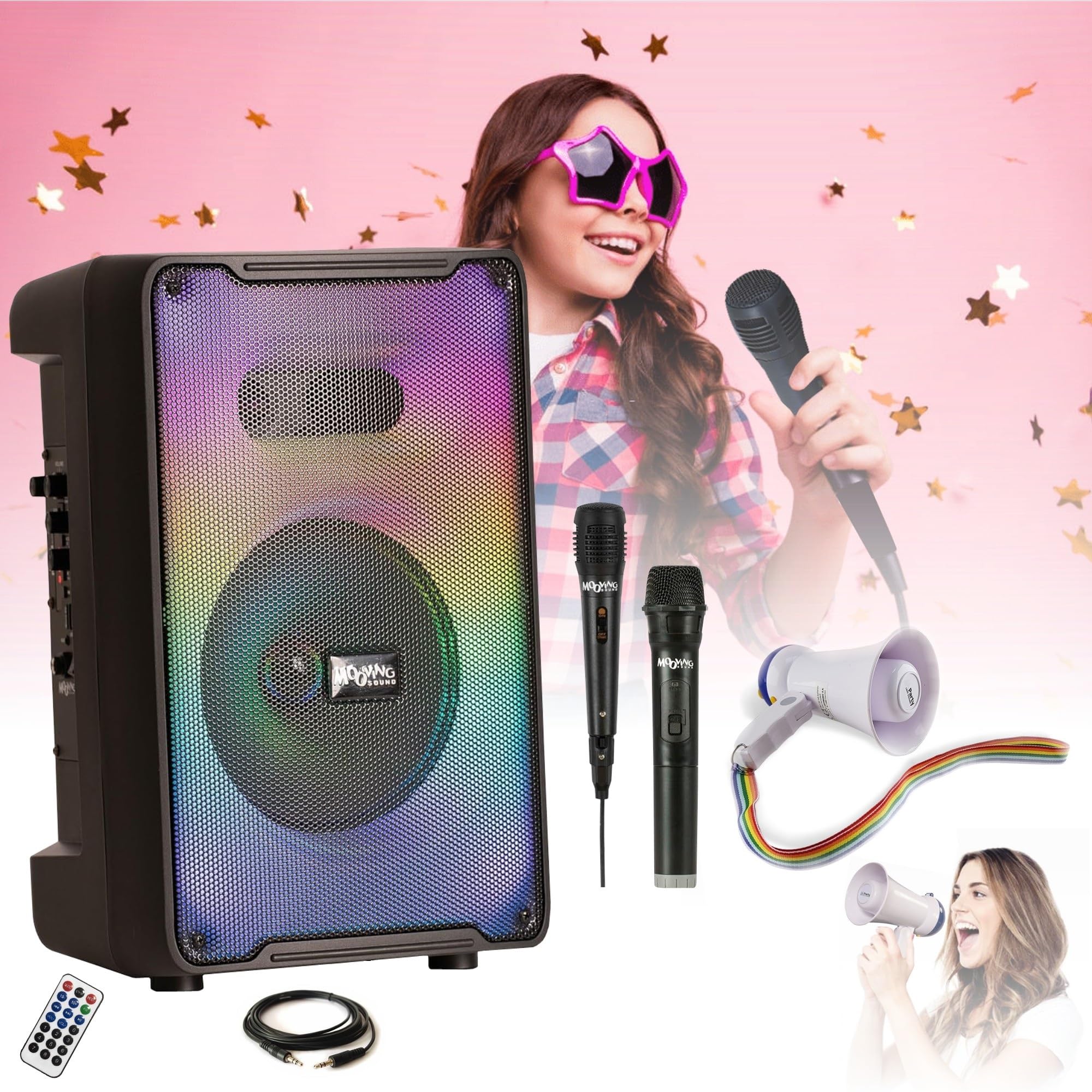 MOOVING LIGHT & SOUND MS-KARA-MOOV500 - Pack de altavoz infantil Karaoke luminoso con Bluetooth, 500 W, 2 micrófonos, altavoz megáfono de 20 W, fiesta de cumpleaños