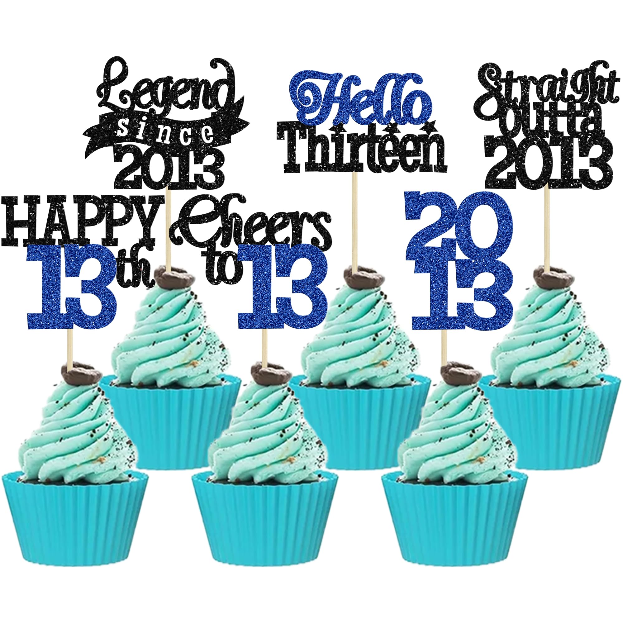 Gyufise 24Pcs Happy 13th Birthday Cupcake Toppers Hello Thirteen Legend Since 2013 Cupcake Picks Cheers to 13 Years Cake Decorations for 13th Birthday Anniversary Party Supplies Black Blue