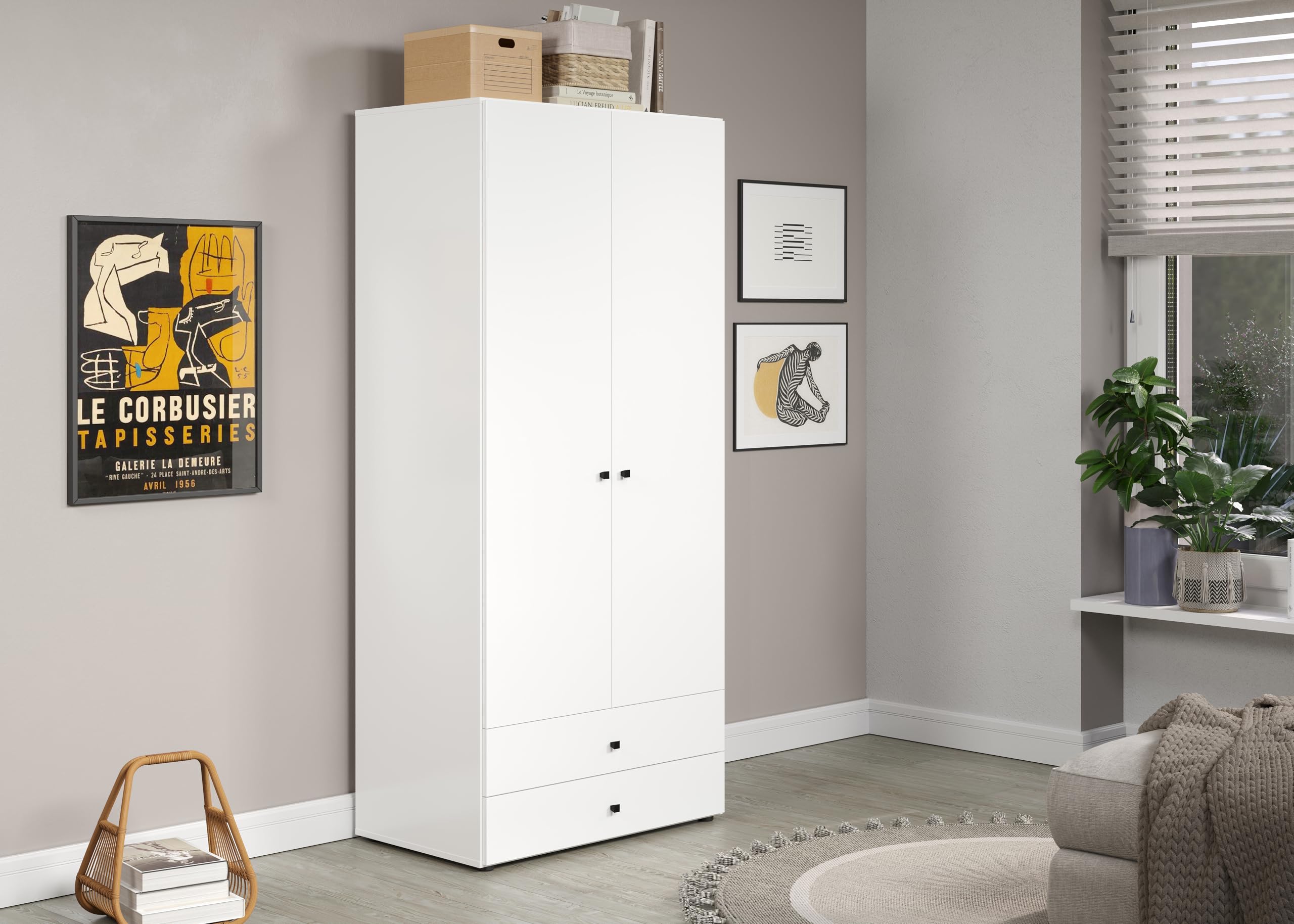 trendteam smart living Basics Kleiderschrank Weiß Garderobenschrank mit 2 Türen, 1 Hutablage, 1 Kleiderstange und 2 Schubladen (BxHxT) 81 x 176 x 51 cm Moderner Stil