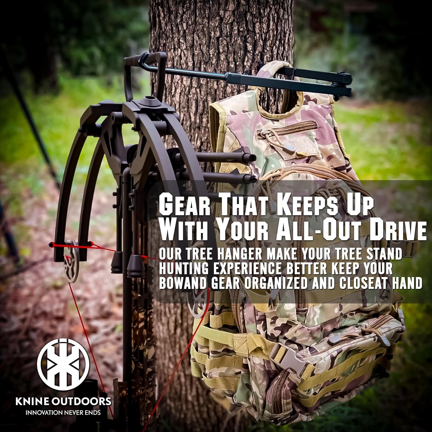 KNINE OUTDOORS Bow Hangers for Tree Hunting - 3 Pack Tree Stand Accessories, Adjustable 23 Inch Gear Holder with 4 Hooks, Tool-Free Installation