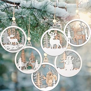 12 Pieces Wooden Hanging Christmas Ornaments Hollow Laser Cutting Wood Cutouts Round Reindeer Xmas Tree Wooden Ornaments Rustic Holiday Wood Tags Fretwork Pendants for Holiday Season Decor, 6 Designs