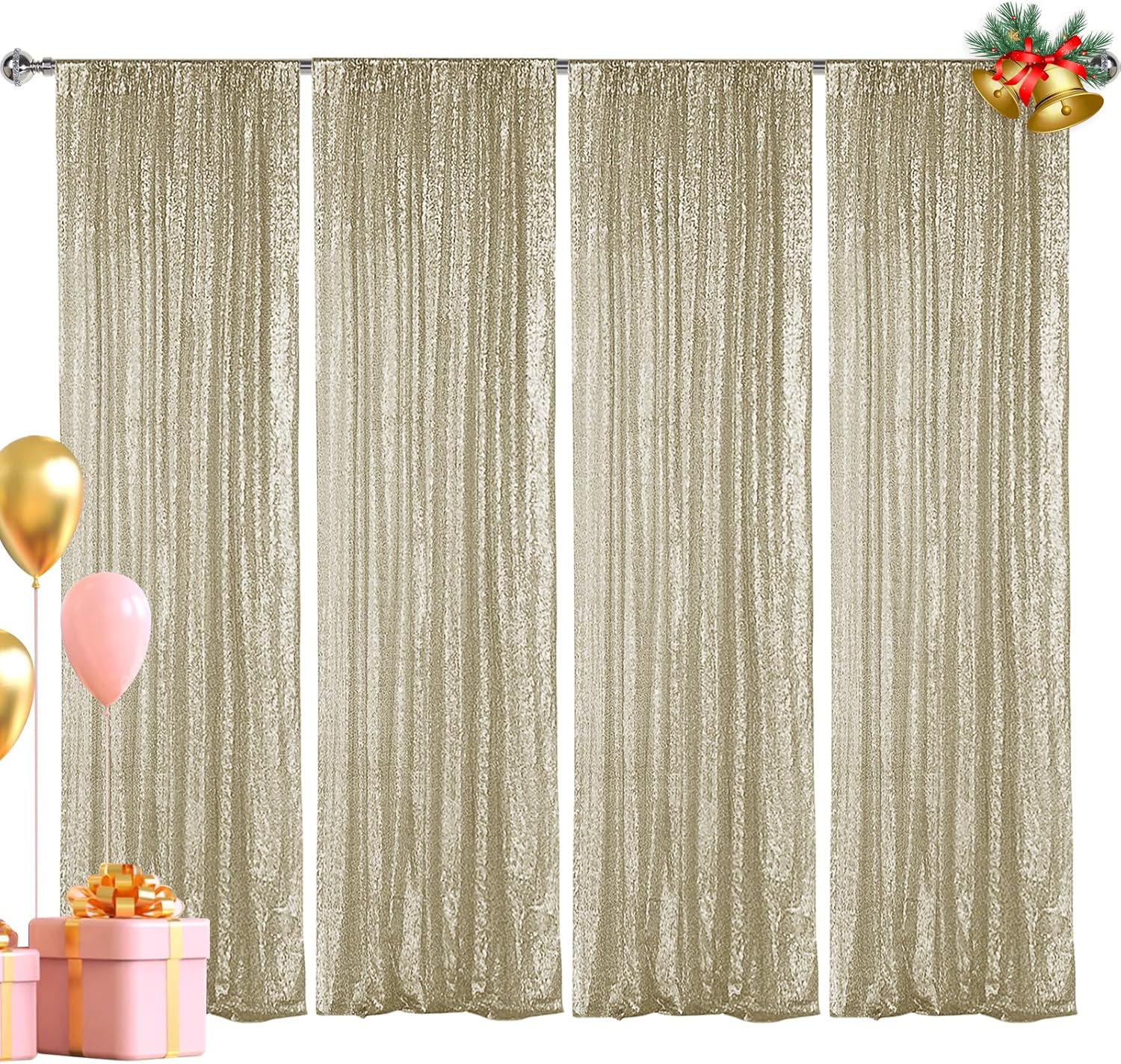 Hahuho Champagne Sequin Backdrop Curtain, 4PCS 2FTx8FT Glitter Backdrop Curtain for Parties, Christmas, Wedding, Party Decoration(4 Panels, 2FT x 8FT, Champagne