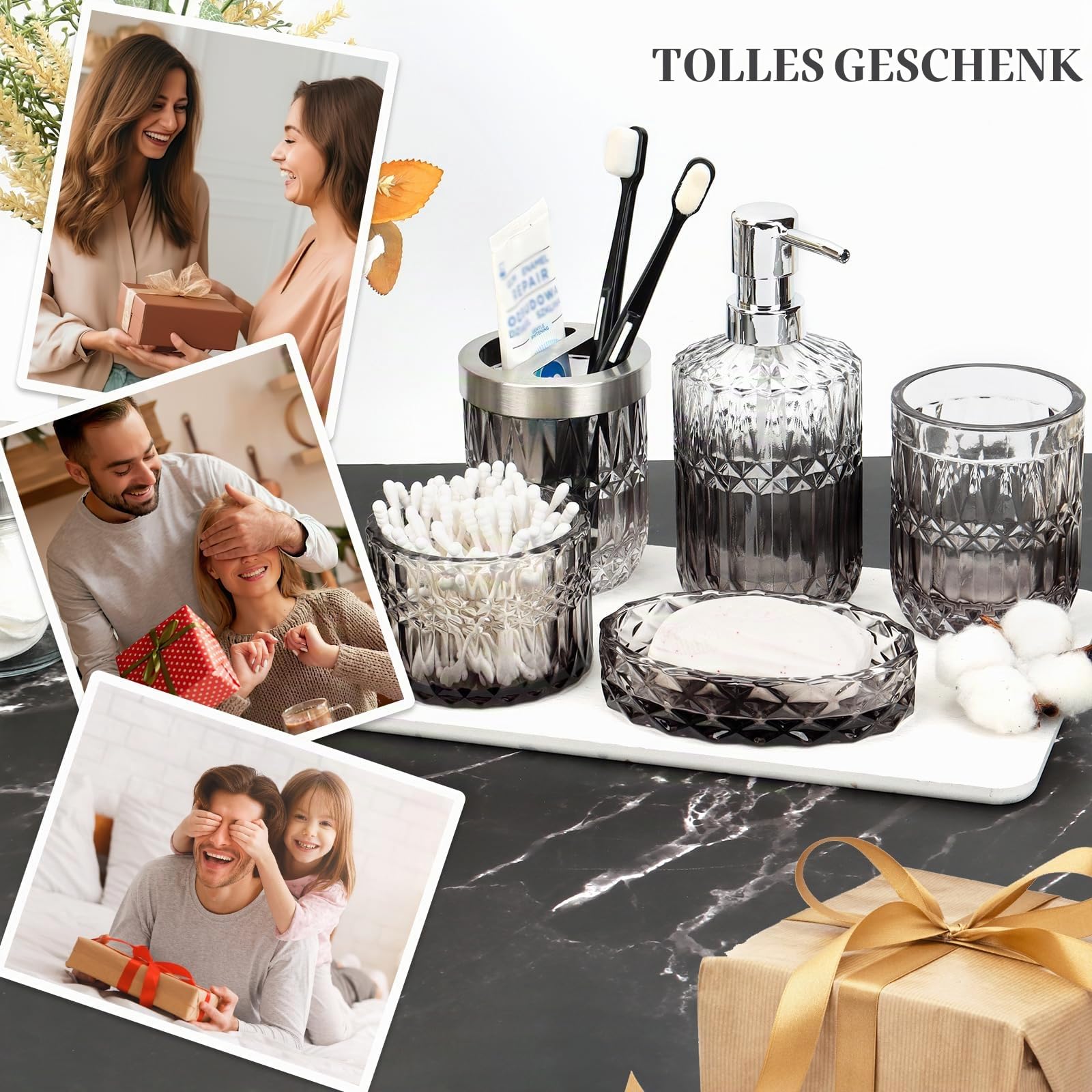 5 Stück Glas Badezimmer Zubehör Sets, Seifenspender Set mit Seifenspender, Seifenschale, Zahnbürstenhalter, Wattestäbchen Kanister, Becher, Badezimmer Deko Set, Badezimmer Organizer