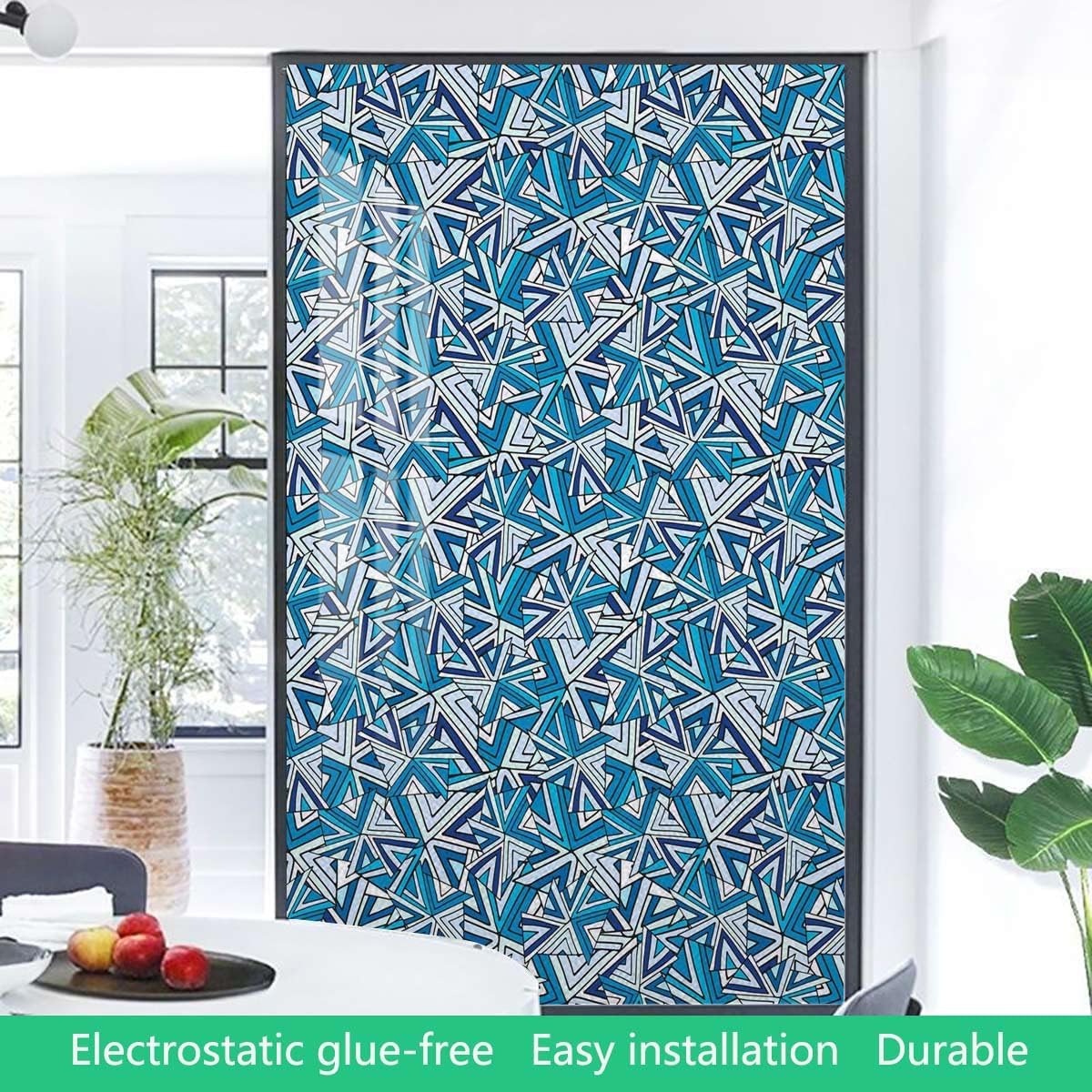 Blue No Adhesive Stained Glass Window Decor Traditional Ceramics Tiles Patterns Glass Film Static Cling Opaque Window Stickers Geometrical 35.4Wx78.7L-inch