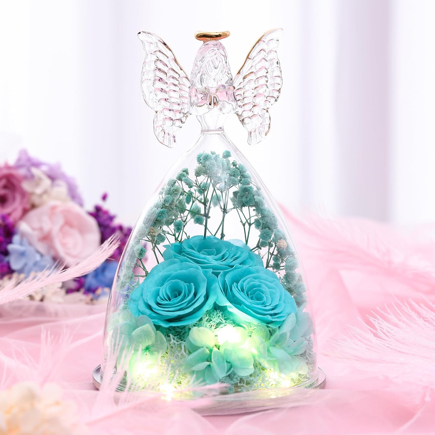 Valentines Rose Gifts for Women Preserved Real Flower in Glass Angel Figurines Roses for Delivery Prime Birthday Gifts for Mom Grandma Girlfriend Wife Her - Tify Blue - Image 4