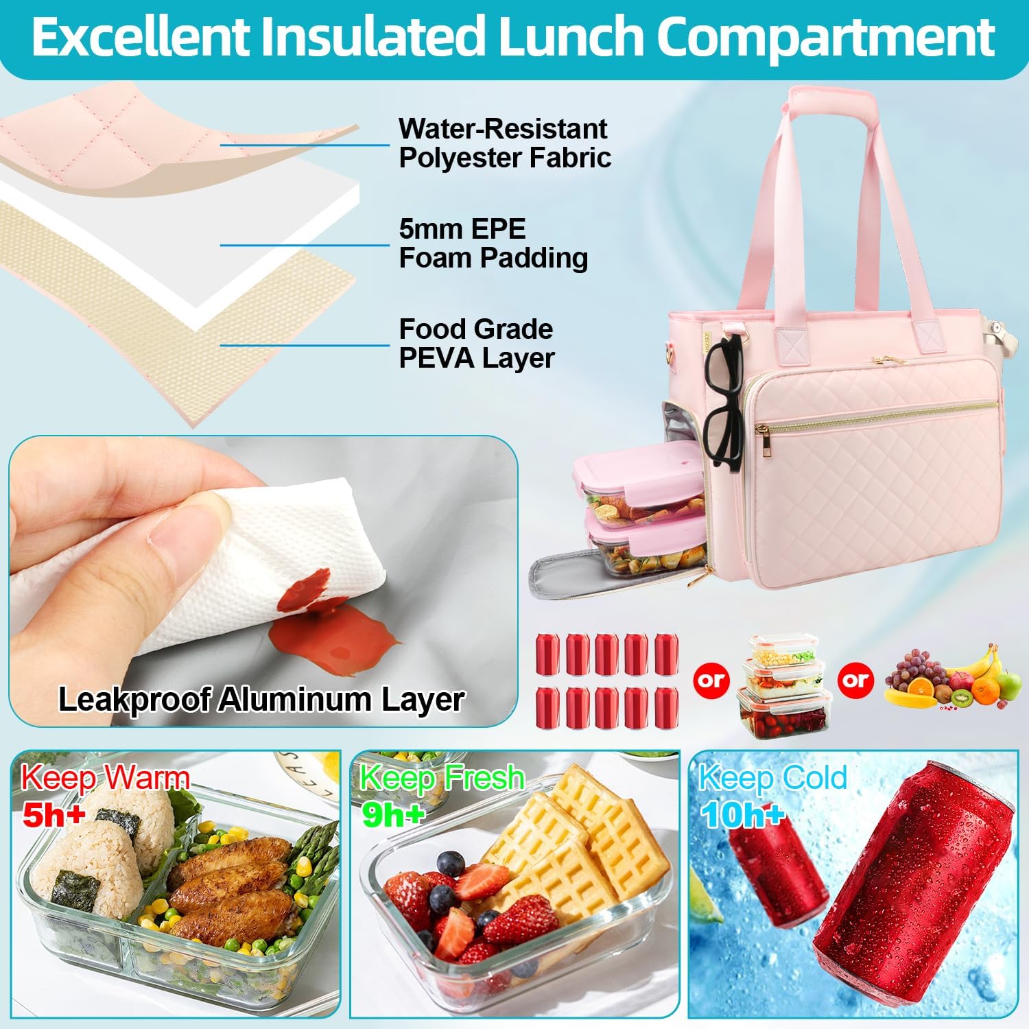 Lunch Work Tote Bag for Women with Accordion File Organizer Pocket, 3 in 1 Daily Tote Bag with Insulated Lunch Compartment& 15.6 Inch Laptop Compartment for Business Teacher Nurse (Pink)