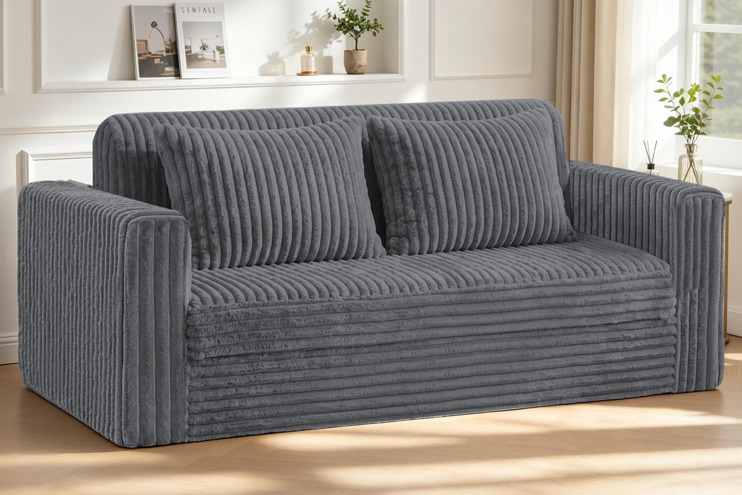 HABUTWAY 68" Loveseat Boneless Couch, 4-in-1 Convertible Sofa Bed, Plush Fur Folding Futon Sofa Bed Couches with 2 Pillows for Living Room, High-Density Foam Support, No Assembly Required, Grey