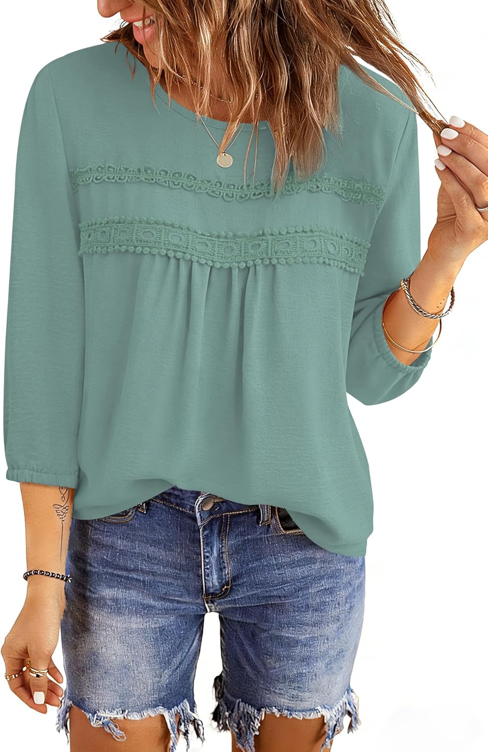 Ivicoer 3/4 Length Sleeve Womens Tops Crewneck Dressy Casual Chiffon Blouses Flowy Lace Boho Clothing Trendy 2026 - Image 4