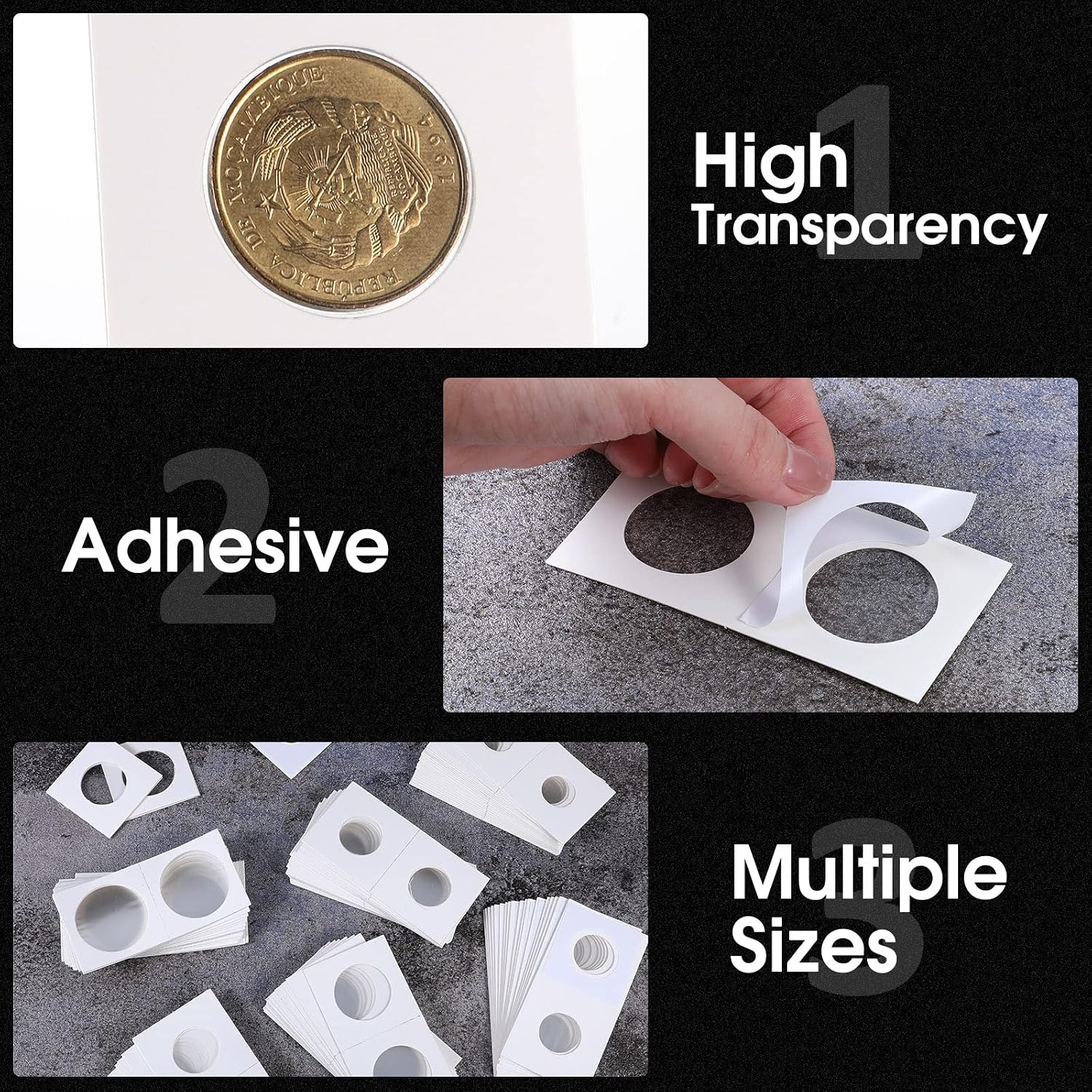 Outus 600 Self Adhesive Coin Holders, Cardboard 2" x 2" Holders, Many Assorted Sizes Coin Flips Collection Supplies Collecting Cardboard Accessories for Collectors (6 Size)