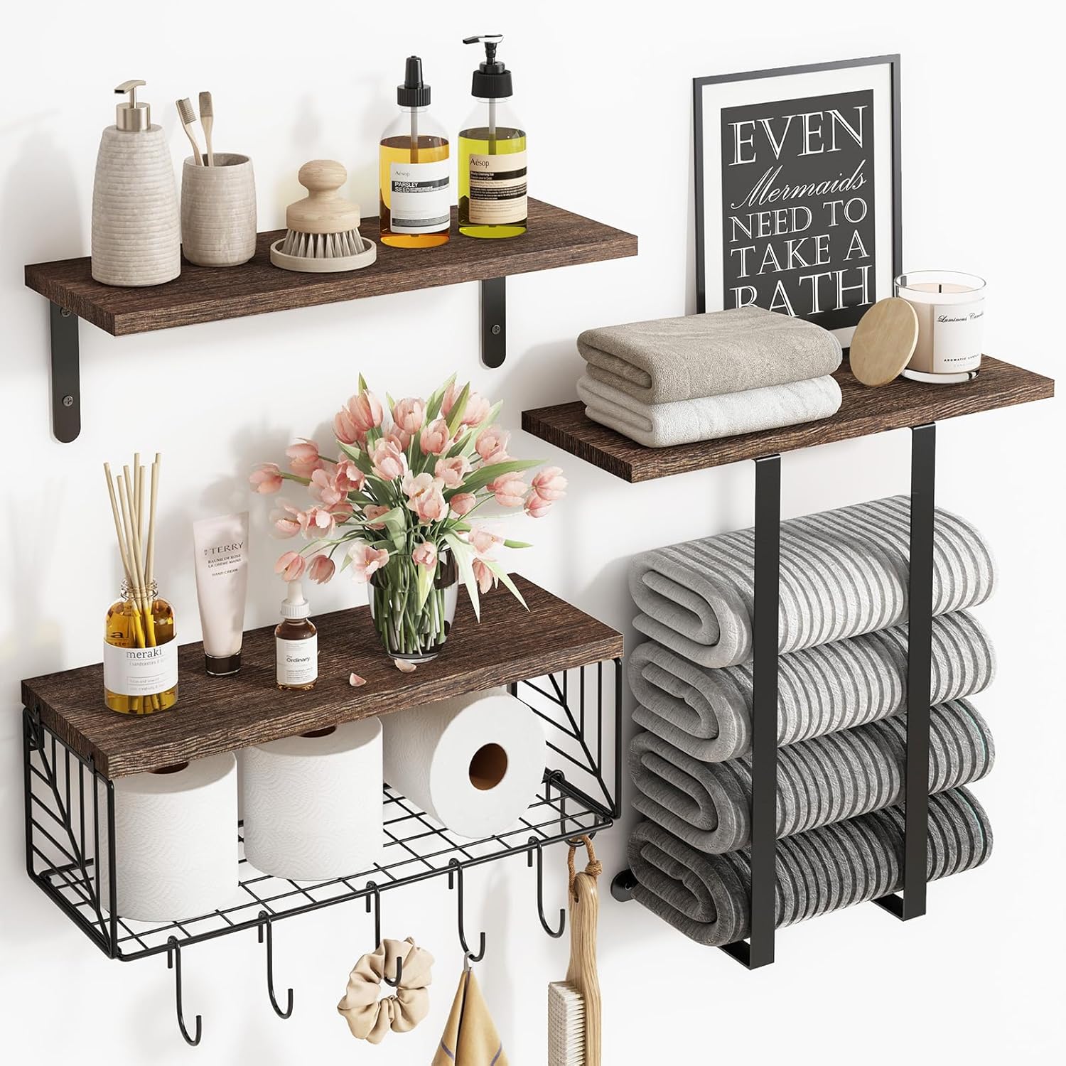 Fixwal Farmhouse Bathroom Floating Shelves Over Toilet Set with Towel Rack & TP Basket - Rustic Wood Wall Storage (Brown)