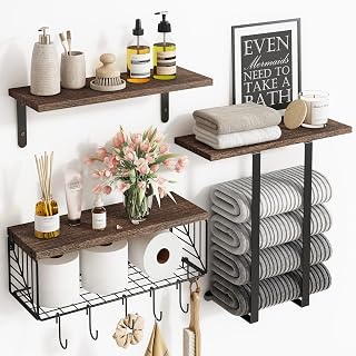 Fixwal Farmhouse Bathroom Floating Shelves Over Toilet Set with Towel Rack & TP Basket - Rustic Wood Wall Storage (Brown)