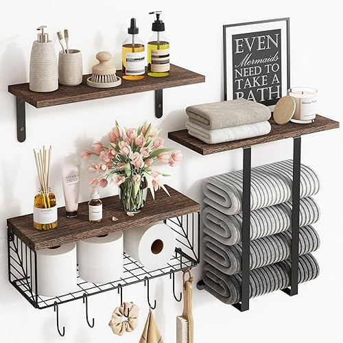 Fixwal Juego de estantes flotantes para baño sobre la pared del inodoro con estante de almacenamiento de toallas para organización de baño y