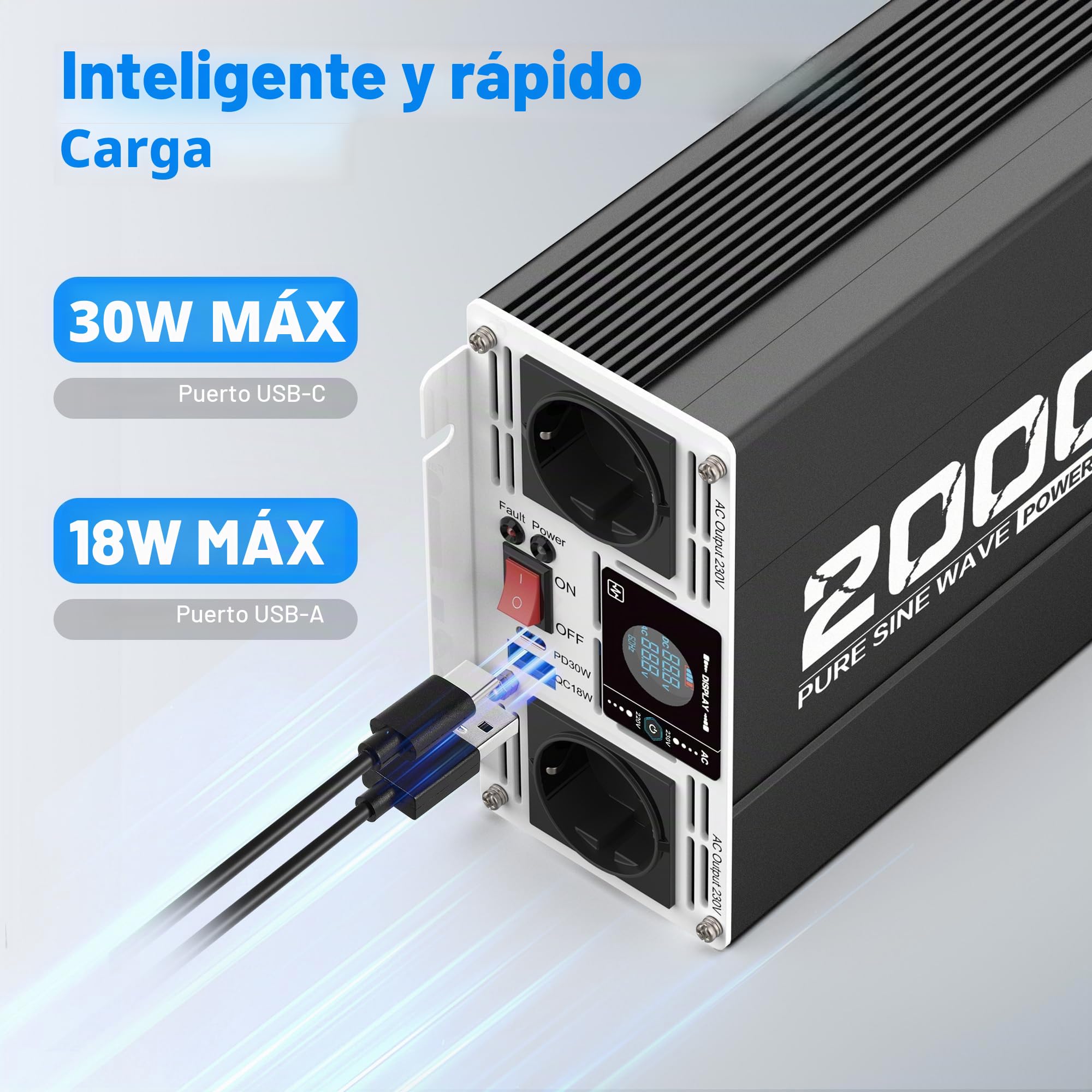 Convertidor de Energía 2000W/4000W Inversor de Onda Sinusoidal Pura de 12V a 230V, Pantalla LCD para Autocaravana Camión Vehículos