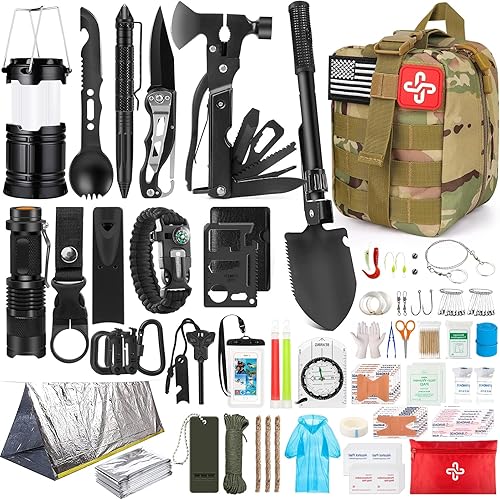 Survival Kit, 250Pcs Survival Gear First Aid Kit with Molle System Compatible Bag and Emergency Tent, Emergency Kit for Earthquake, Outdoor Adventure, Hiking, Hunting, Gifts for Men Women