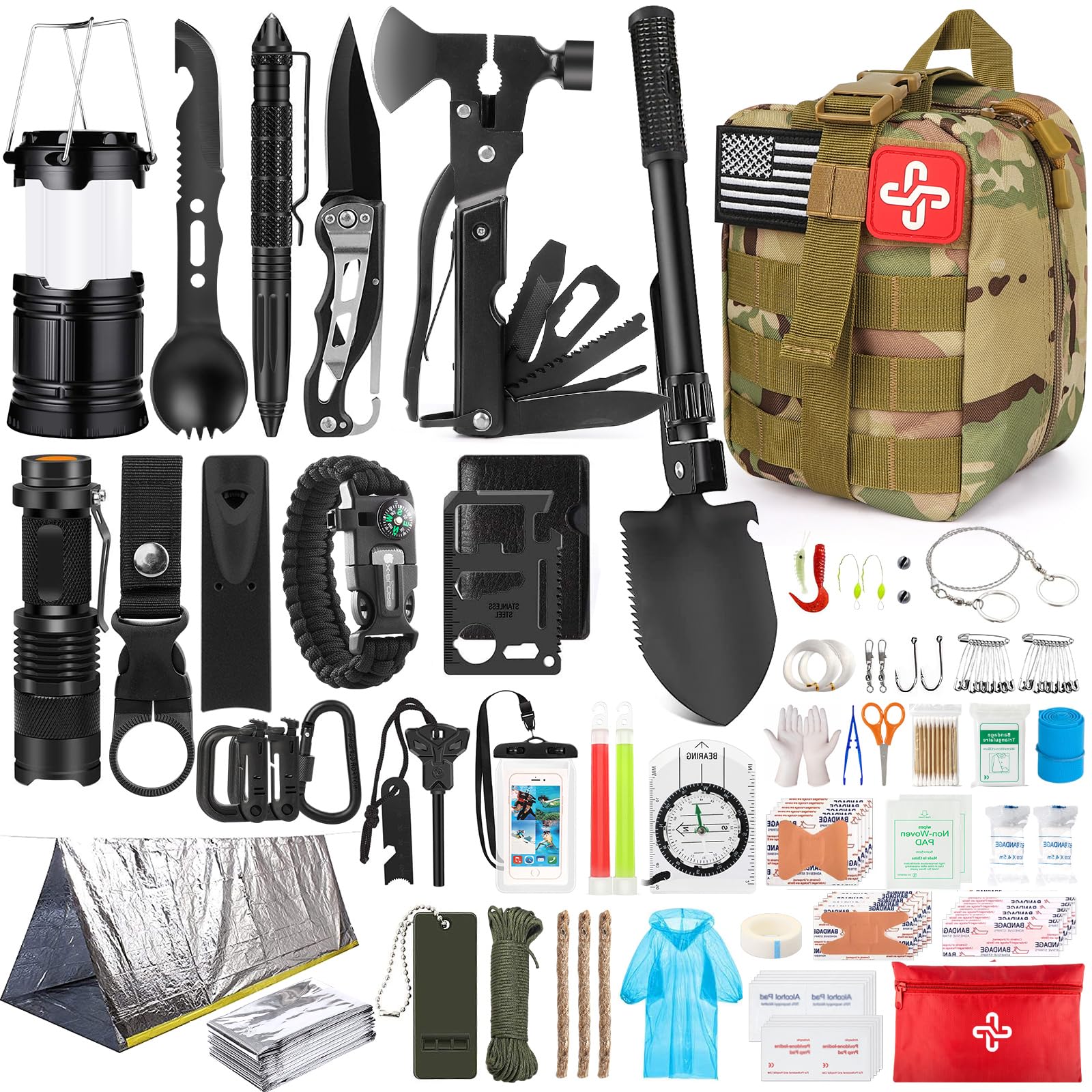 Survival Kit, 250 Pcs Survival Gear First Aid Kit with Molle System Compatible Bag and Emergency Tent, Emergency Kit for Earthquake, Outdoor Adventure, Hiking, Hunting, Gifts for Men Women