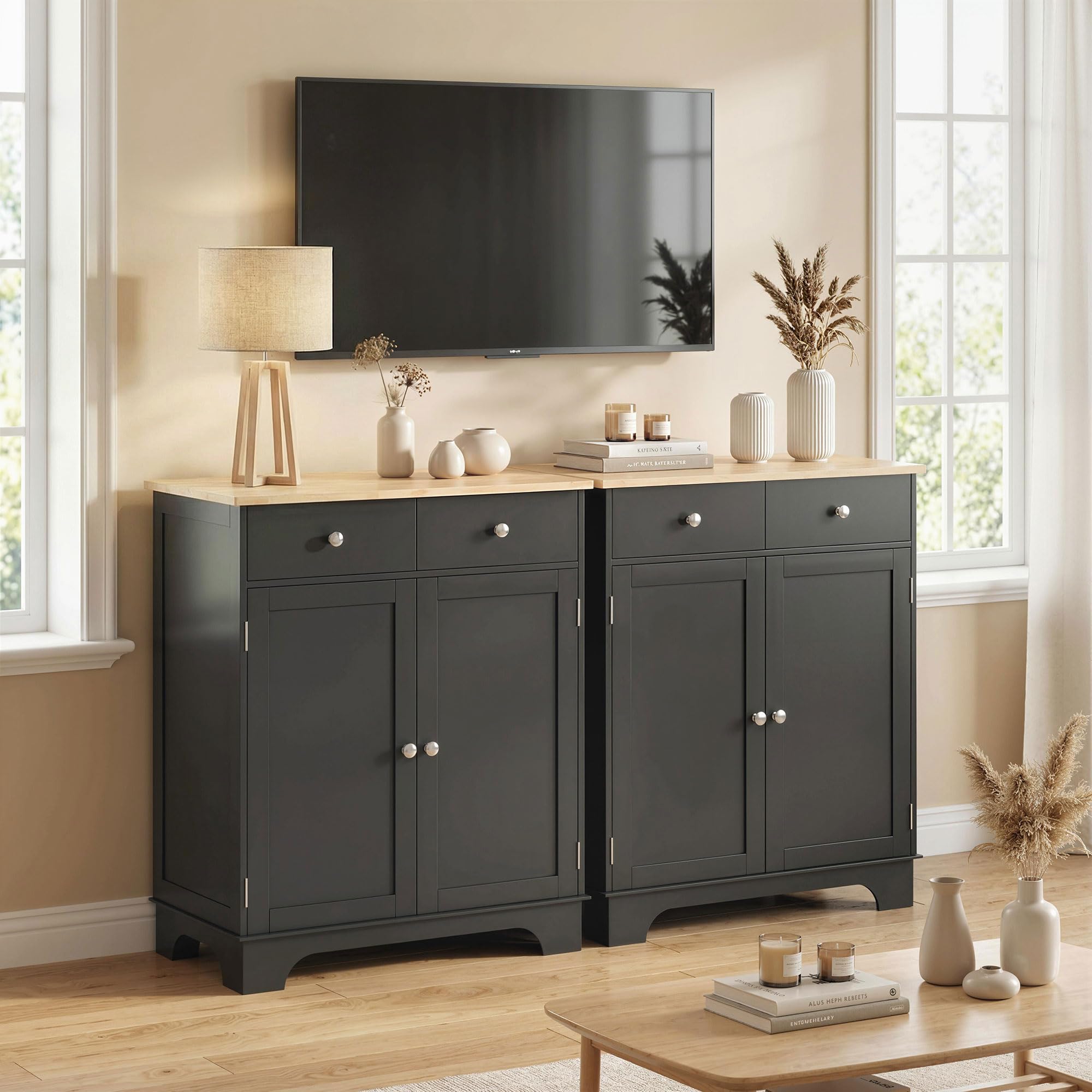 HOMCOM Meuble de Rangement Buffet Salon avec placards à Portes, 2 tiroirs et étagère réglable, Armoire de Rangement pour Salon, Cuisine, Chambre, Noir et Bois Naturel