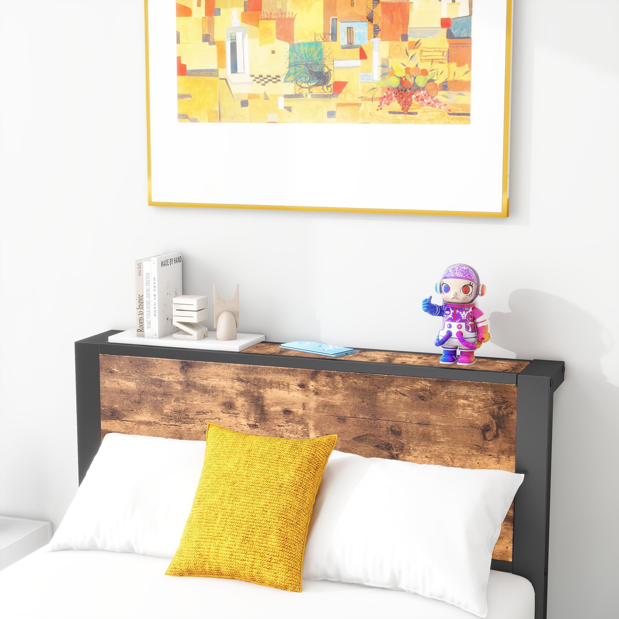 HOMERECOMMEND Bett 90x200 Bettgestell Bettkopf mit Ablagefläce,Lattenrost Metall,Gästebett für kleine Räume, Schwarz