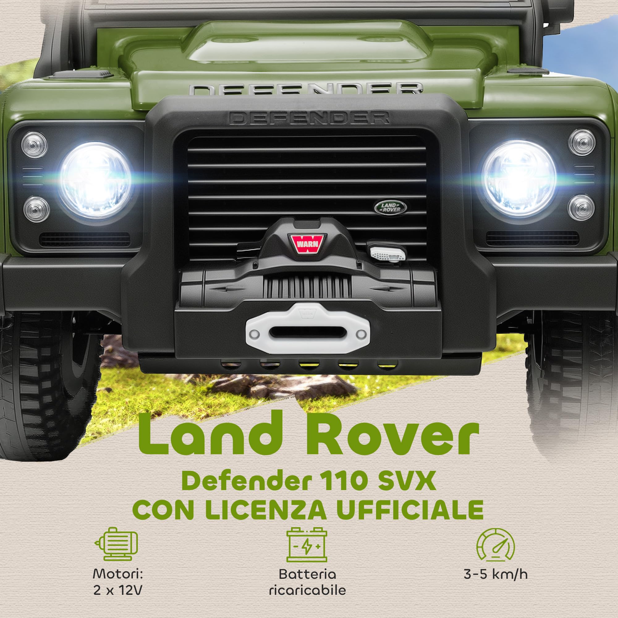 AIYAPLAY Macchina Elettrica per Bambini 3-8 Anni 12V Fuoristrada Land Rover 110SVX, 3-5km/h Auto Elettrica per Bambini con 2 Motori, Sospensioni, Telecomando, Musica, Fari, Cintura e Clacson, Verde