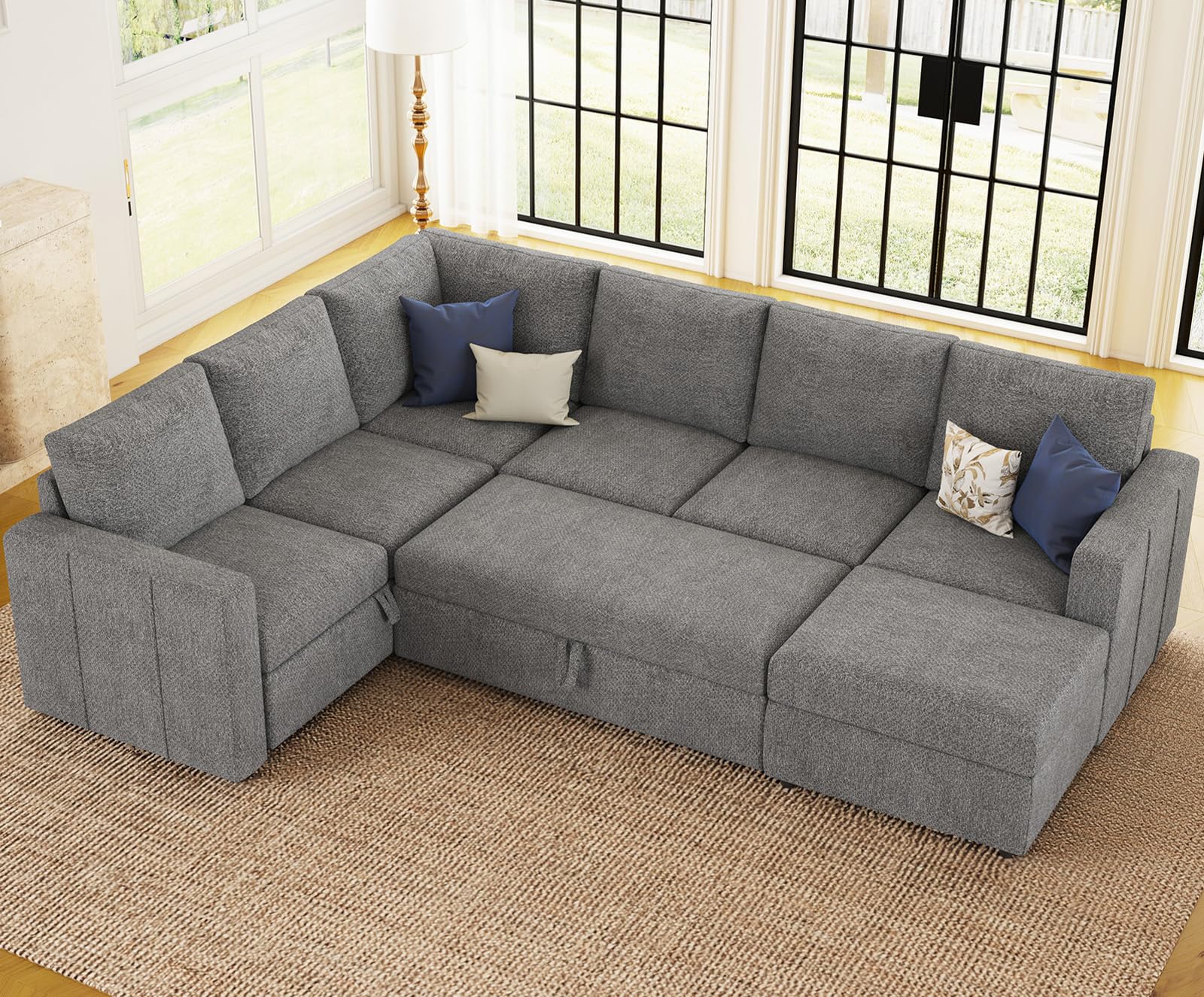 Belffin Modular Sectional Sleeper Sofa with Pull Out Couch, U Shaped Sleeper Pull Out Bed, Convertible Sectional Couches for Living Room, Light Grey
